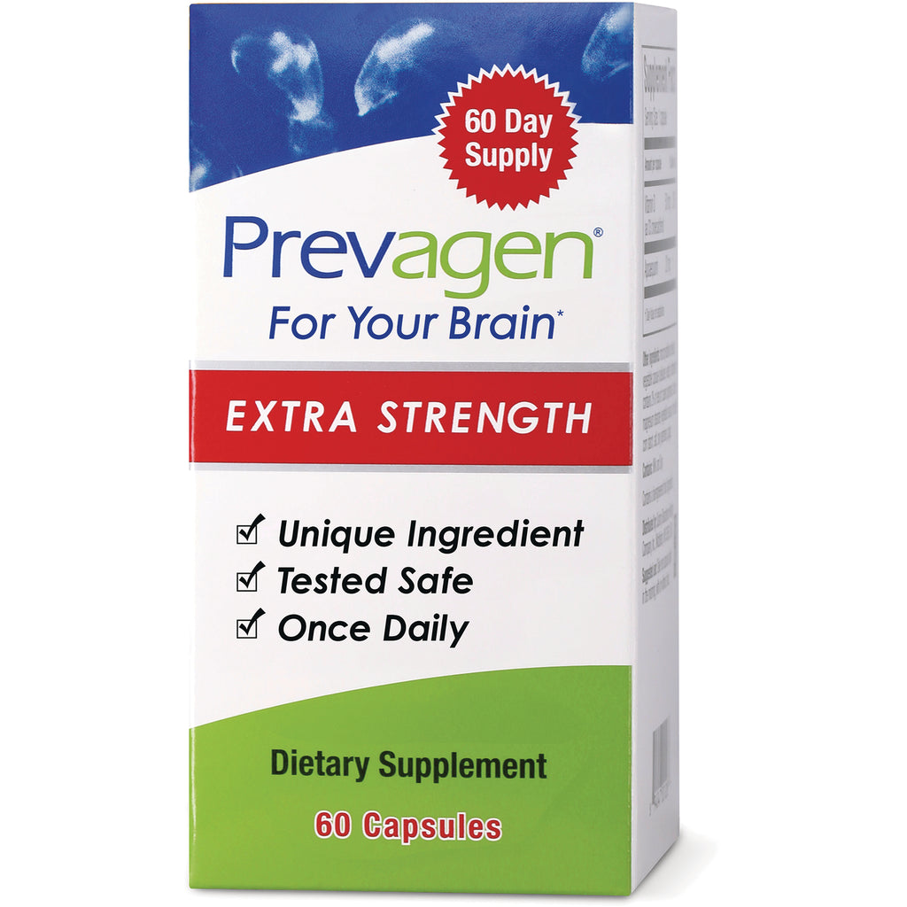 Prevagen Extra Strength dietary supplement box front, 60 capsules, 60 Day Supply and checklist reading Unique Ingredient, Tested Safe, Once Daily - Thumbnail