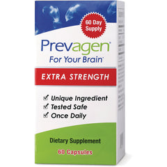 Prevagen Extra Strength dietary supplement box front, 60 capsules, 60 Day Supply and checklist reading Unique Ingredient, Tested Safe, Once Daily