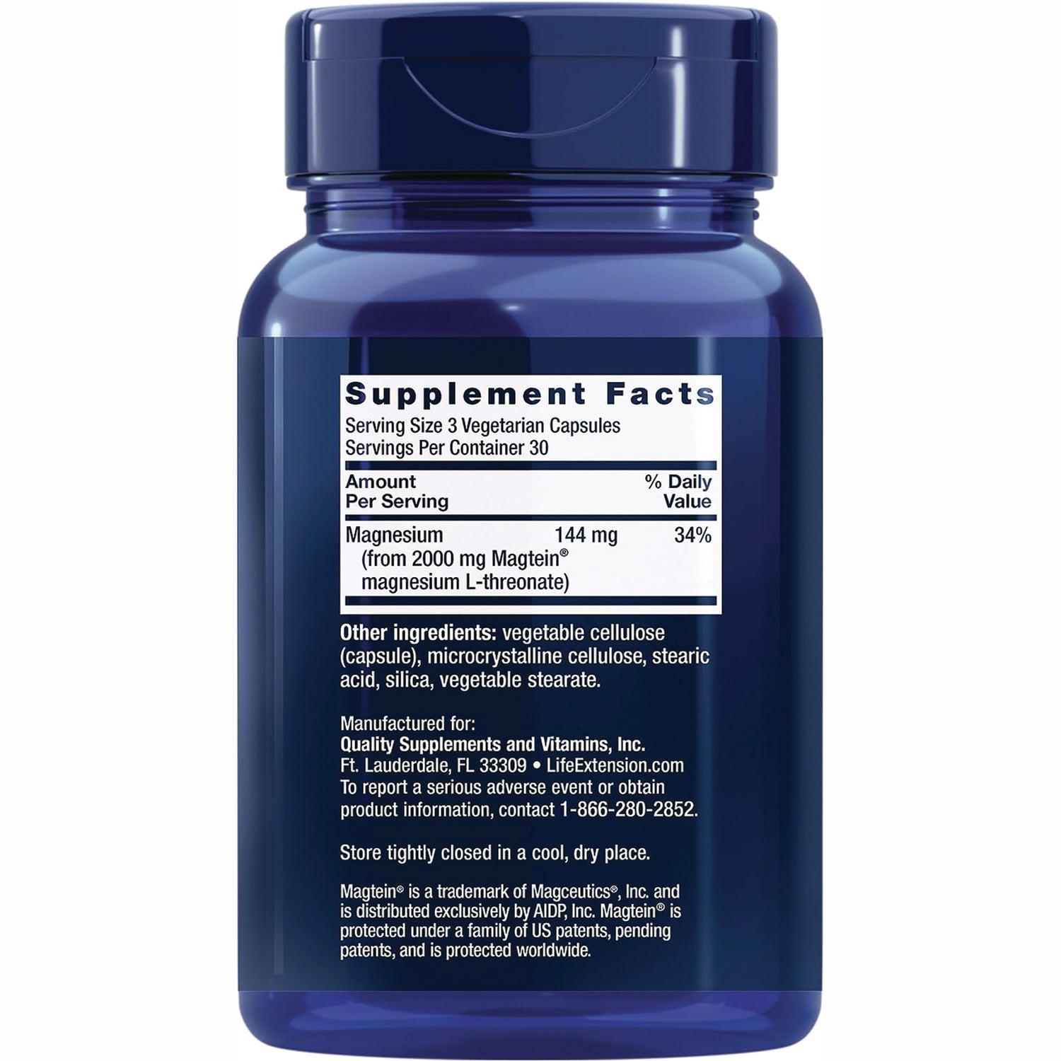 LE182 | Back label of blue supplement bottle showing Supplement Facts listing magnesium 144 mg and other ingredients