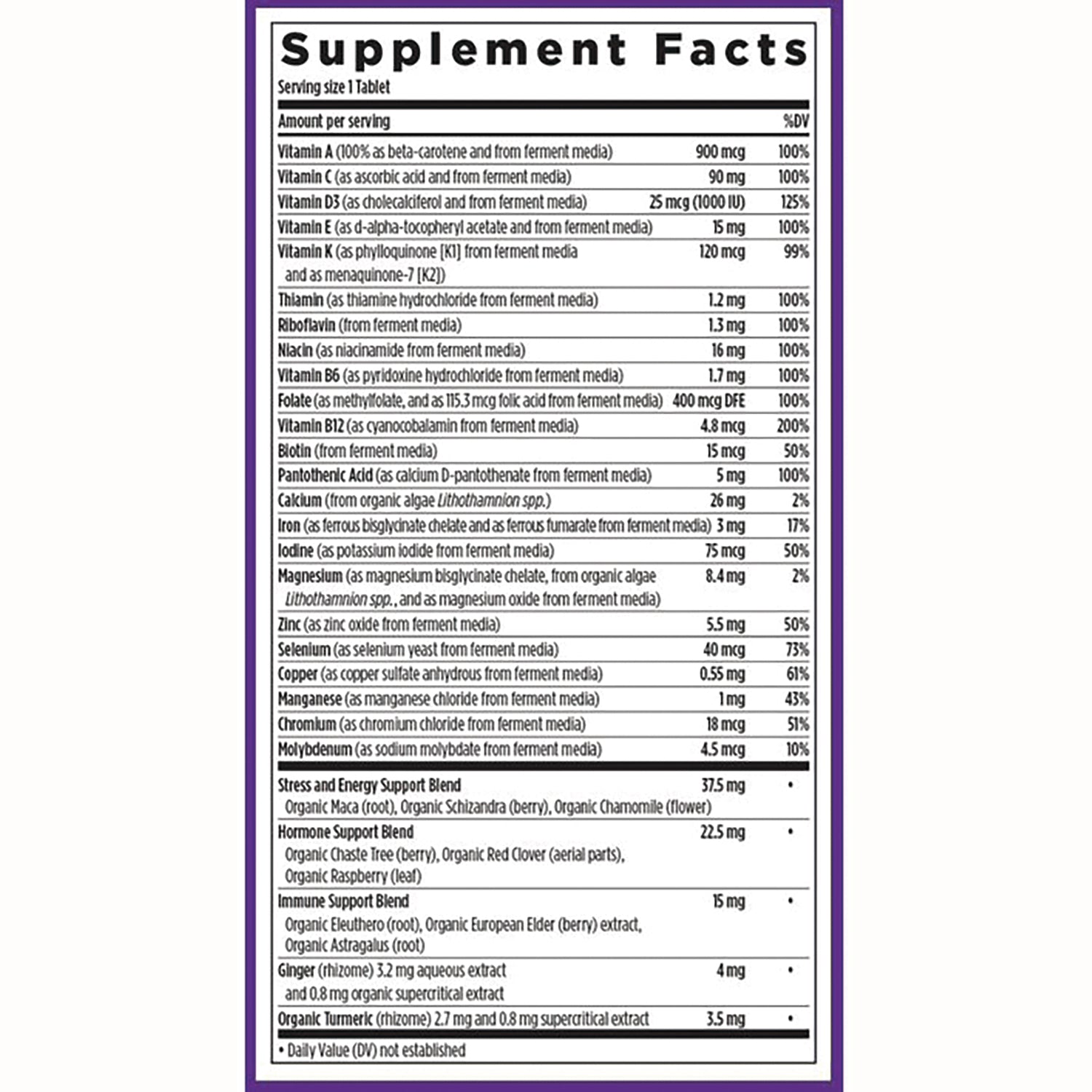 NWC241 | Supplement Facts label showing vitamins, minerals, amounts per tablet and herbal blend ingredients