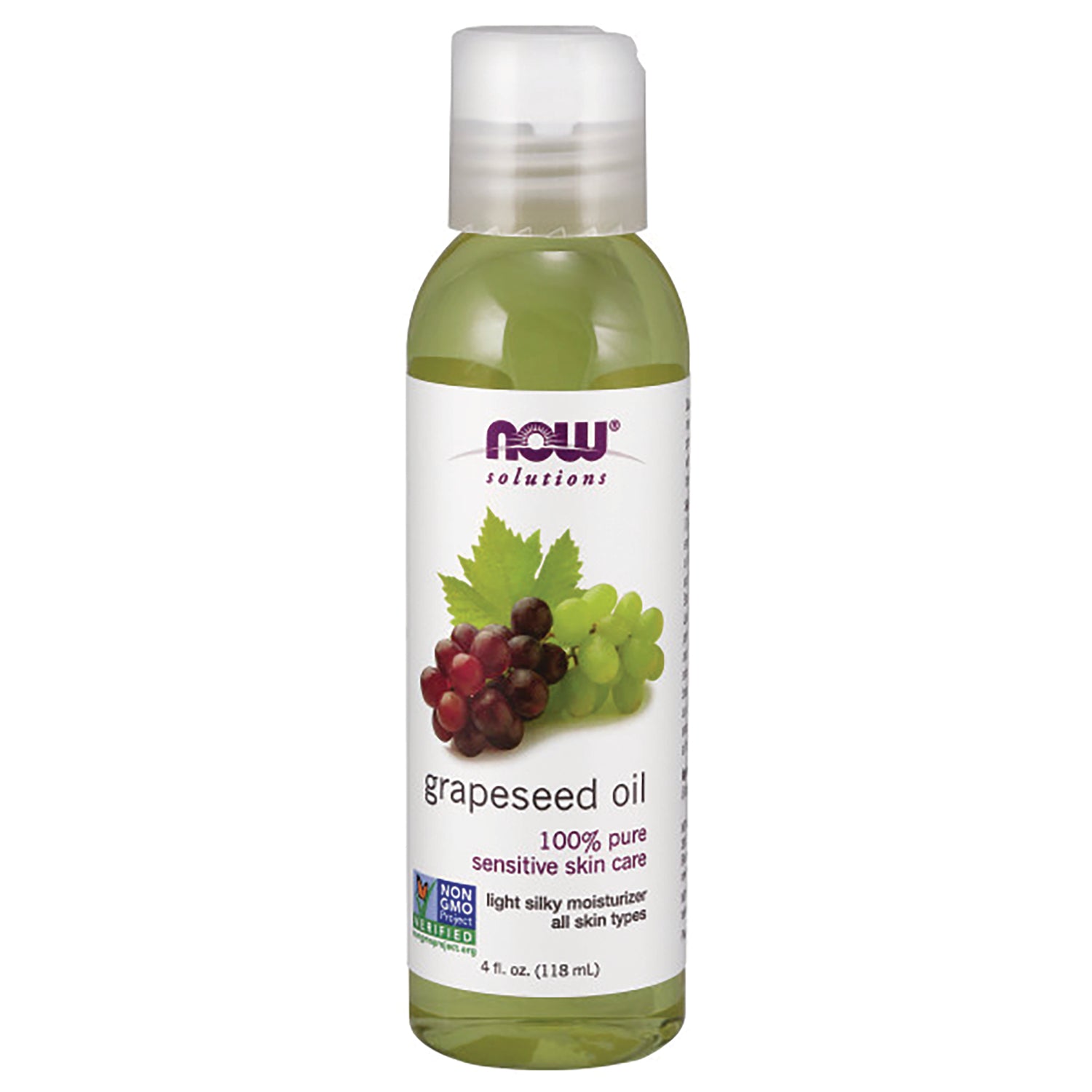 NWF610 | NOW Solutions grapeseed oil 4 fl oz bottle with grapes image and label reading 100% pure sensitive skin care
