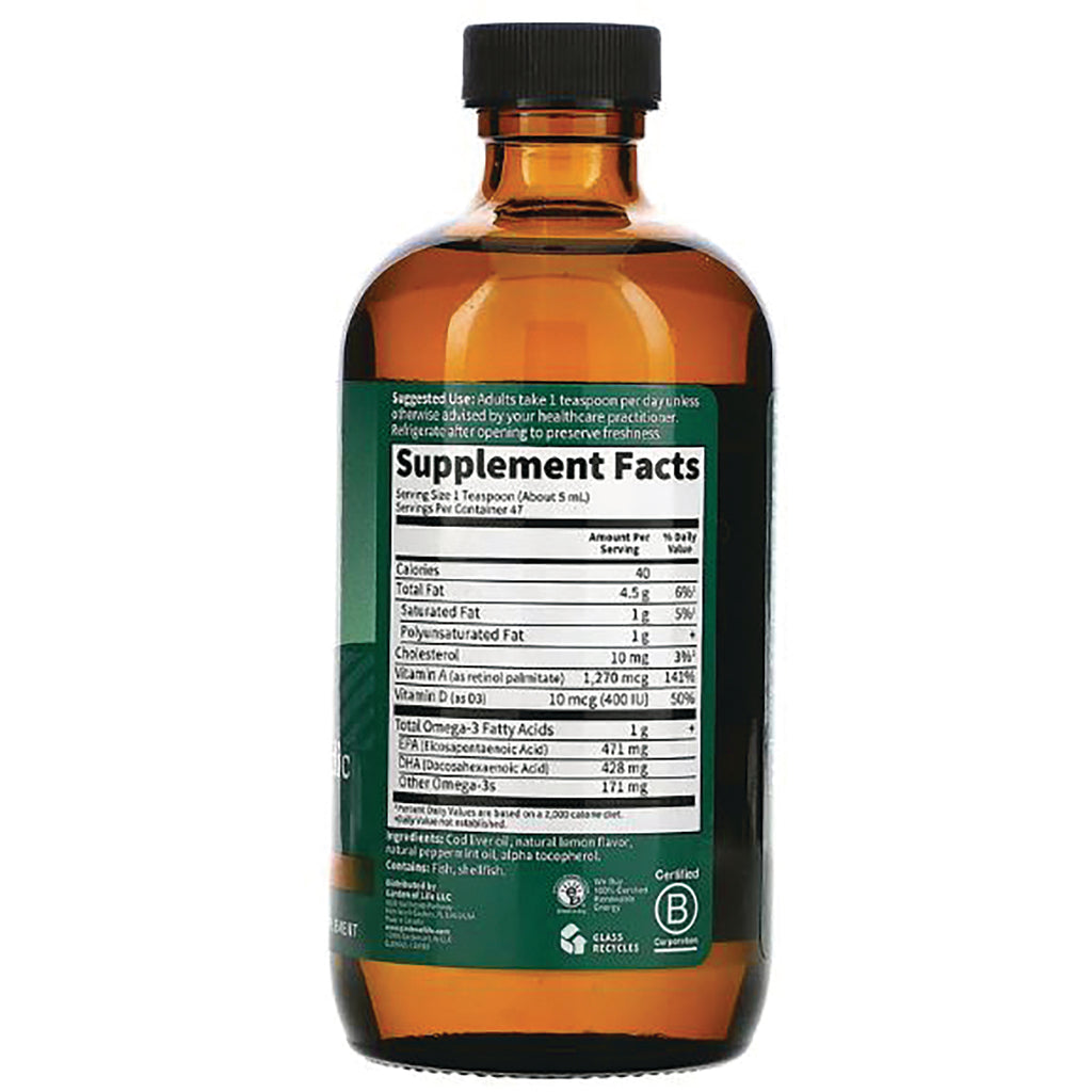 GLF009 | Back of amber glass bottle with green supplement facts label listing nutrition facts and certifications - Thumbnail