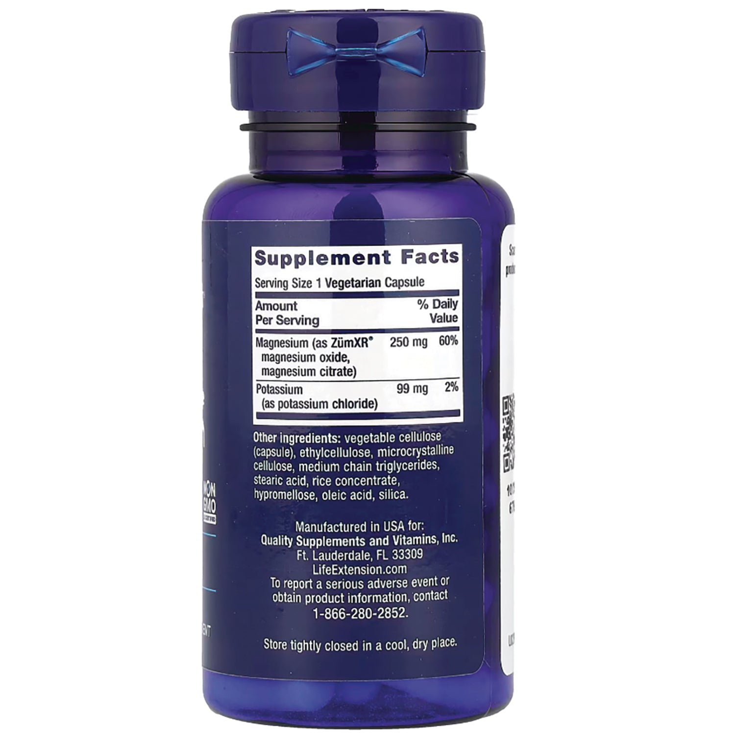 LE463 | Back label of blue supplement bottle showing Supplement Facts panel, ingredient list, and contact information