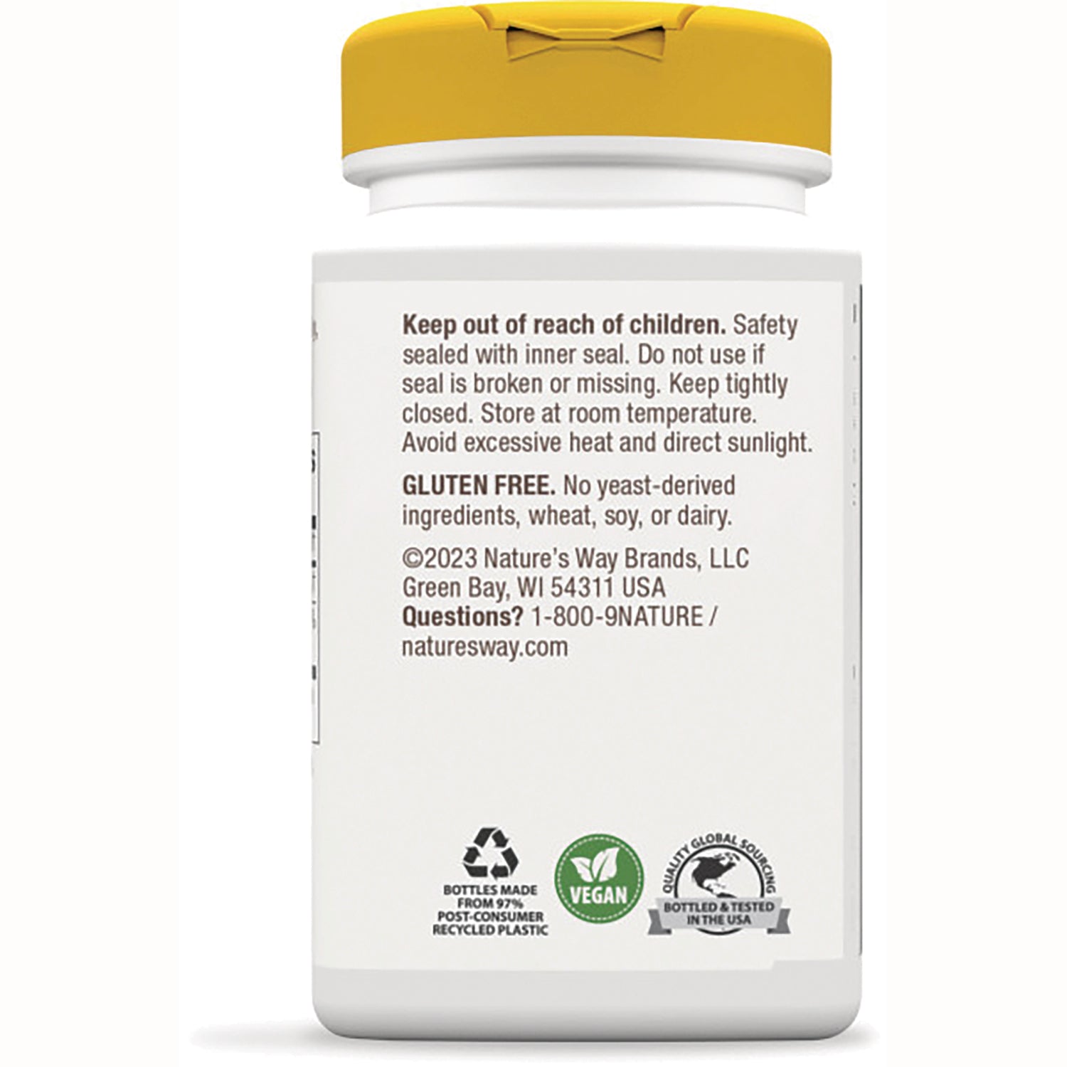 NW720 | back label of supplement bottle with storage instructions, gluten free note, contact number, and vegan and recycling icons