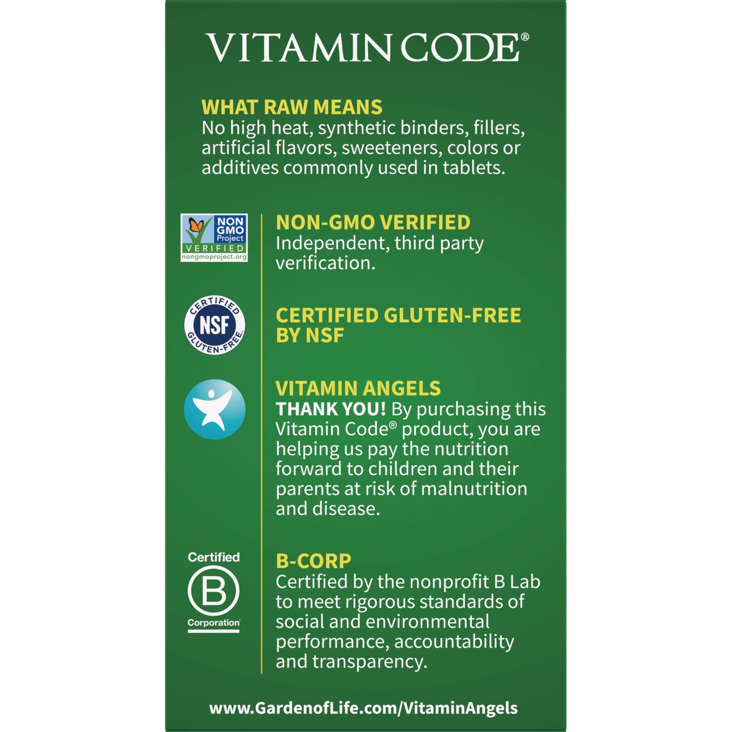 GLF055 | Back panel listing non-GMO verified, certified gluten-free, Vitamin Angels donation info and B-Corp certification