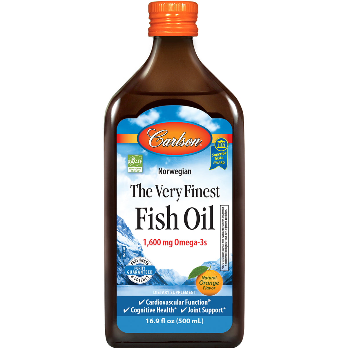 CSN007 | Carlson The Very Finest Fish Oil bottle, 1,600 mg Omega-3s, natural orange flavor, 16.9 fl oz