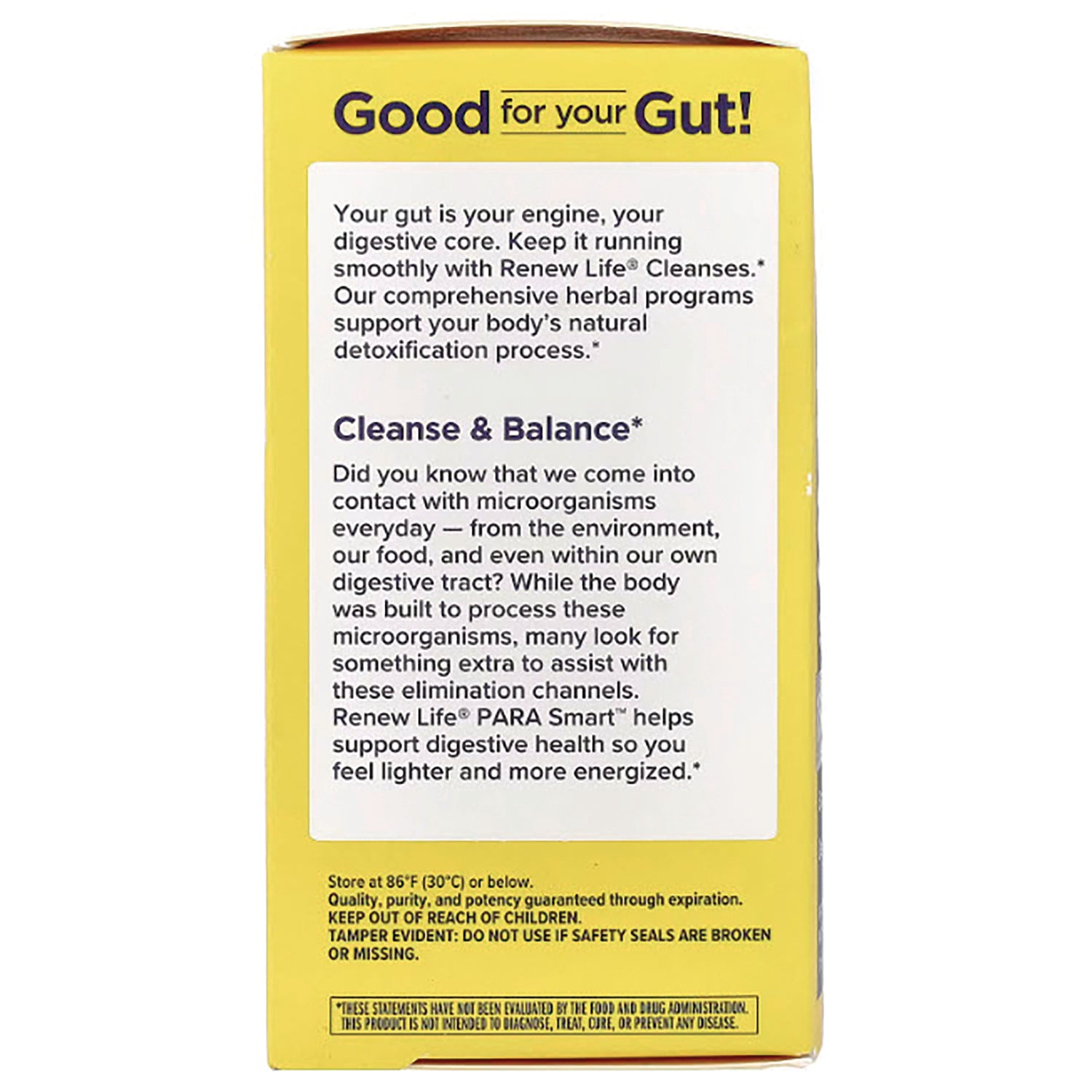 RNL035 | yellow product side panel reading Good for your Gut! with text about Cleanse & Balance and digestive support