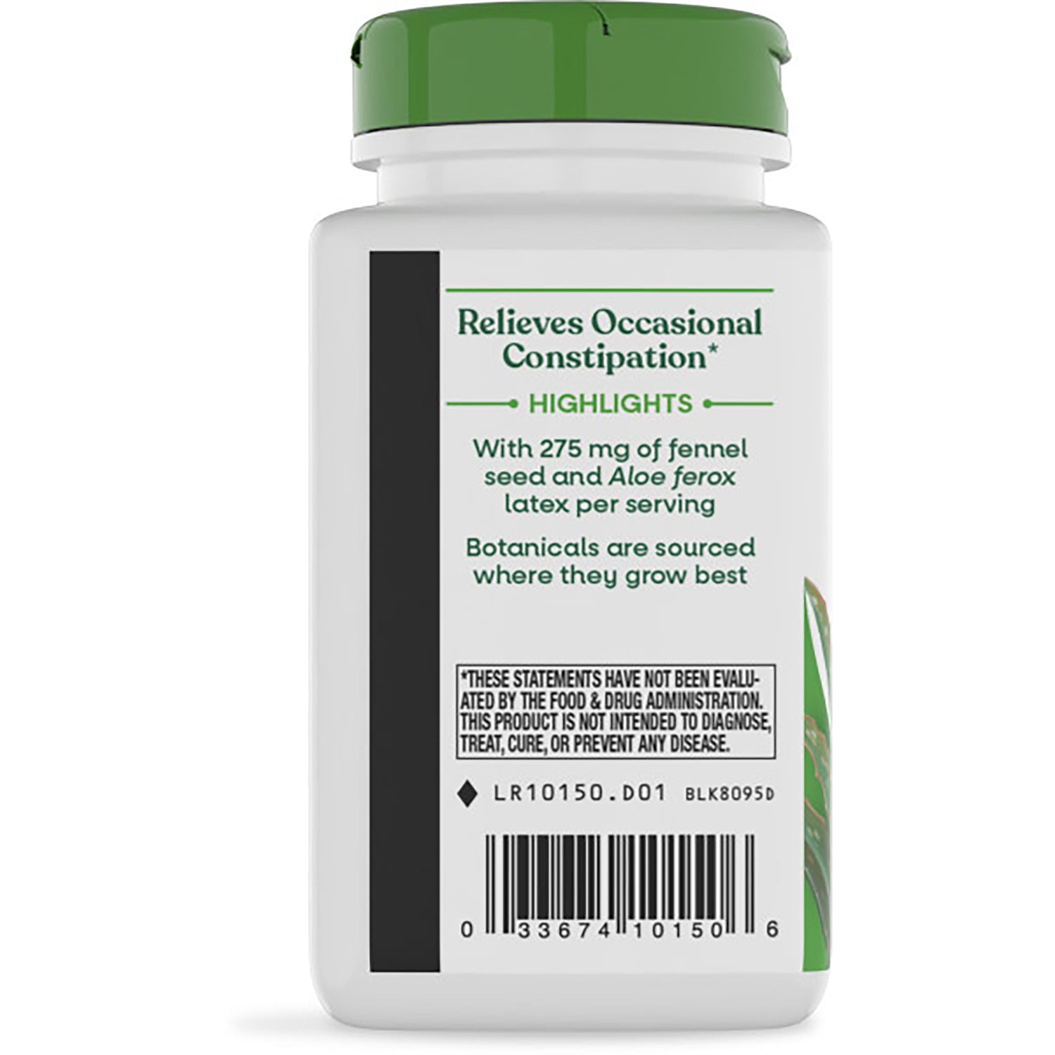 NW108 | back label of white supplement bottle with green cap, text about aloe for occasional constipation and barcode