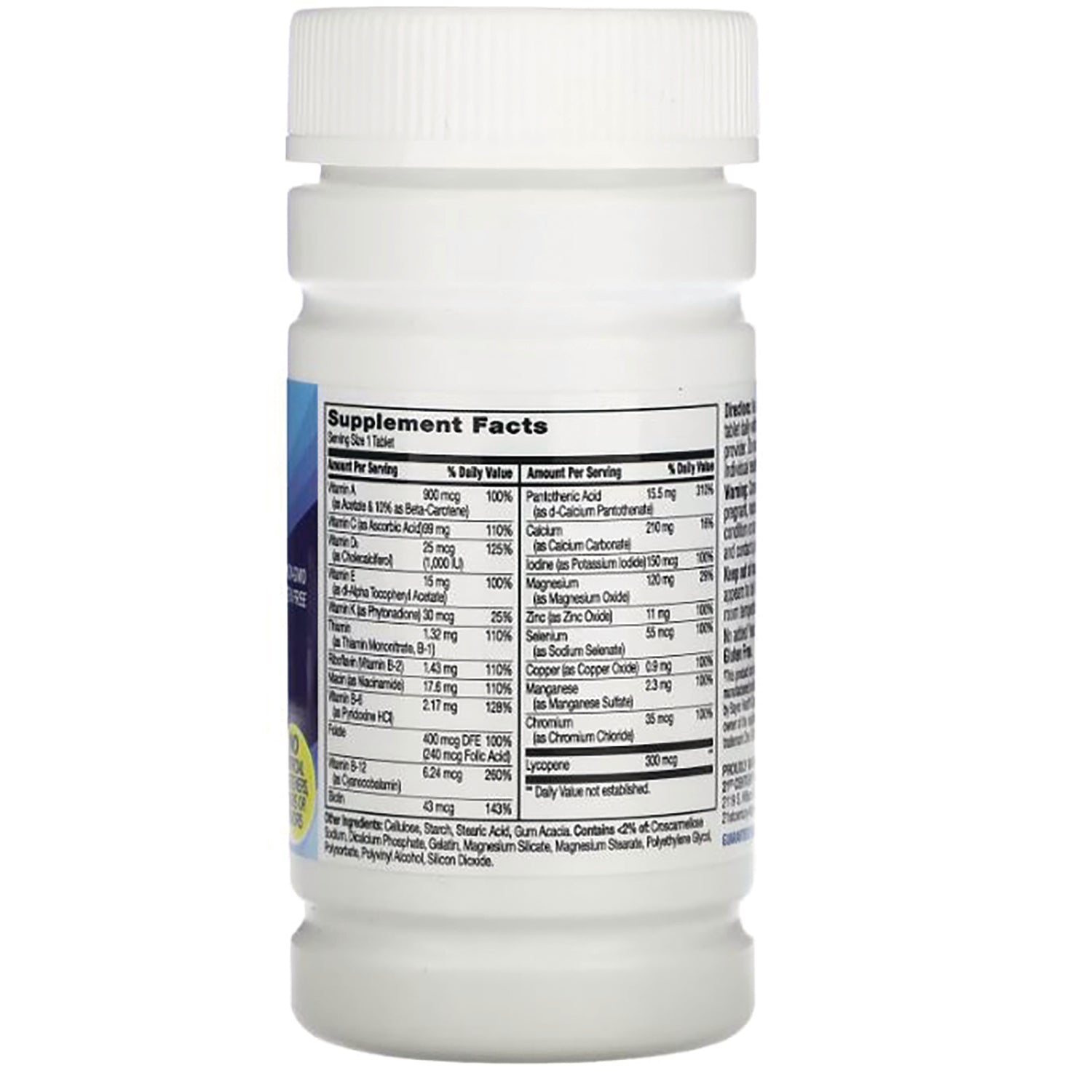 White pill bottle showing Supplement Facts panel and ingredient text on back label