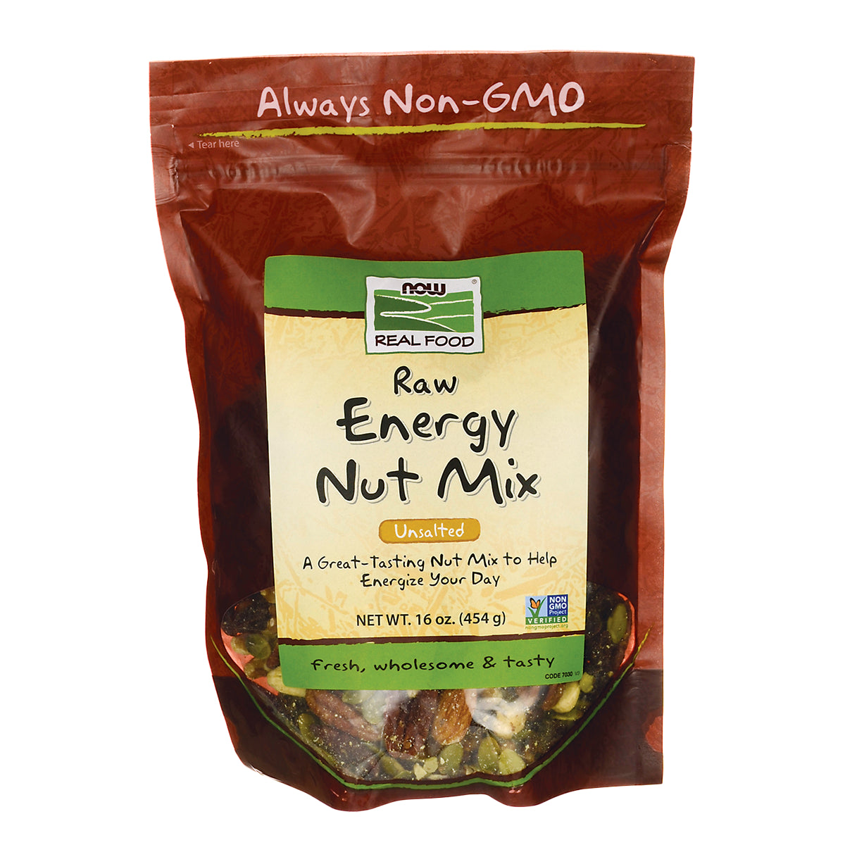 NWF086 | NOW Real Food Raw Energy Nut Mix unsalted 16 oz pouch showing front label and visible nuts