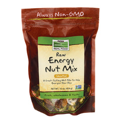 NWF086 | NOW Real Food Raw Energy Nut Mix unsalted 16 oz pouch showing front label and visible nuts