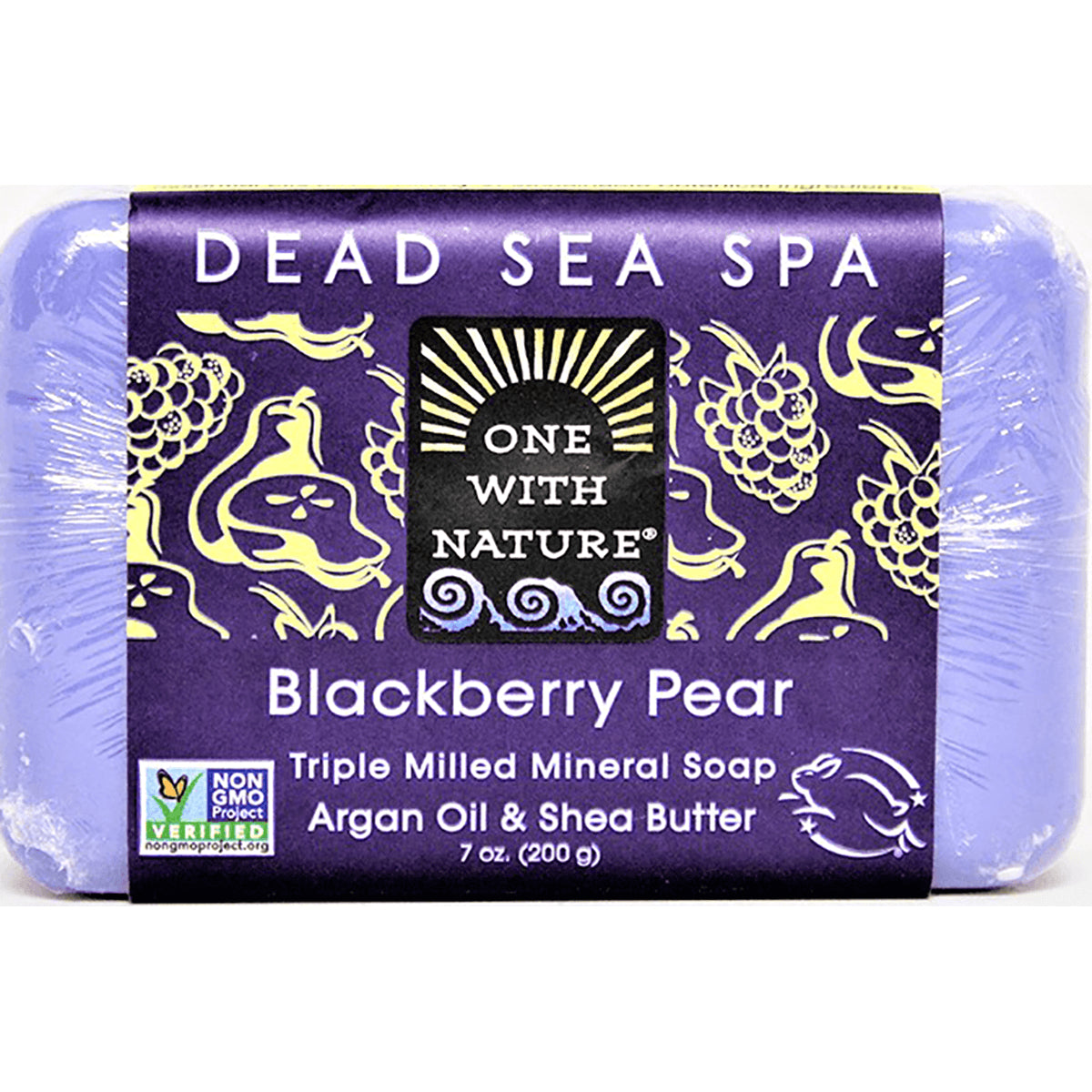 OWN016 | Purple wrapped Blackberry Pear soap bar labeled ONE WITH NATURE, triple milled mineral soap with argan oil & shea butter
