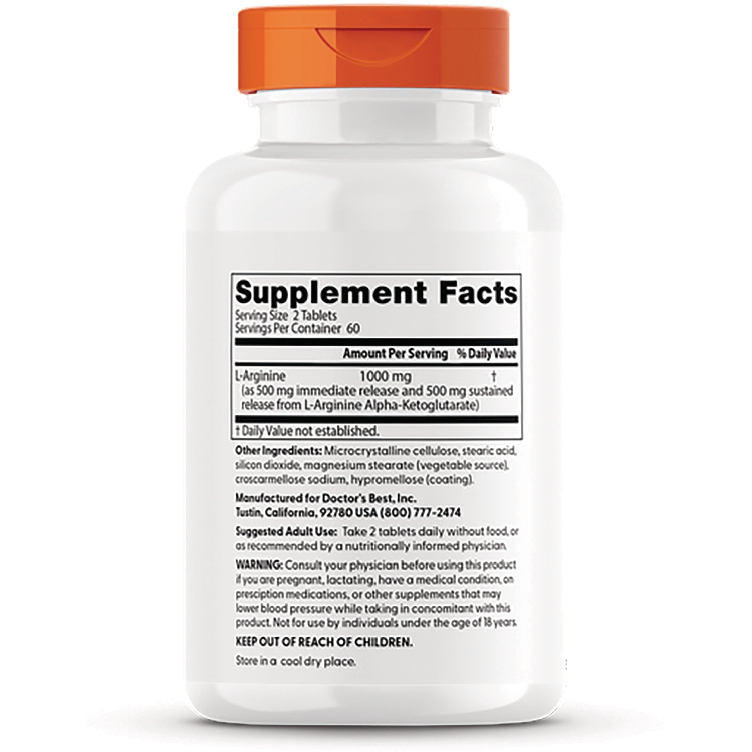 DB113 | Back of white supplement bottle showing Supplement Facts panel, ingredients, and warning text