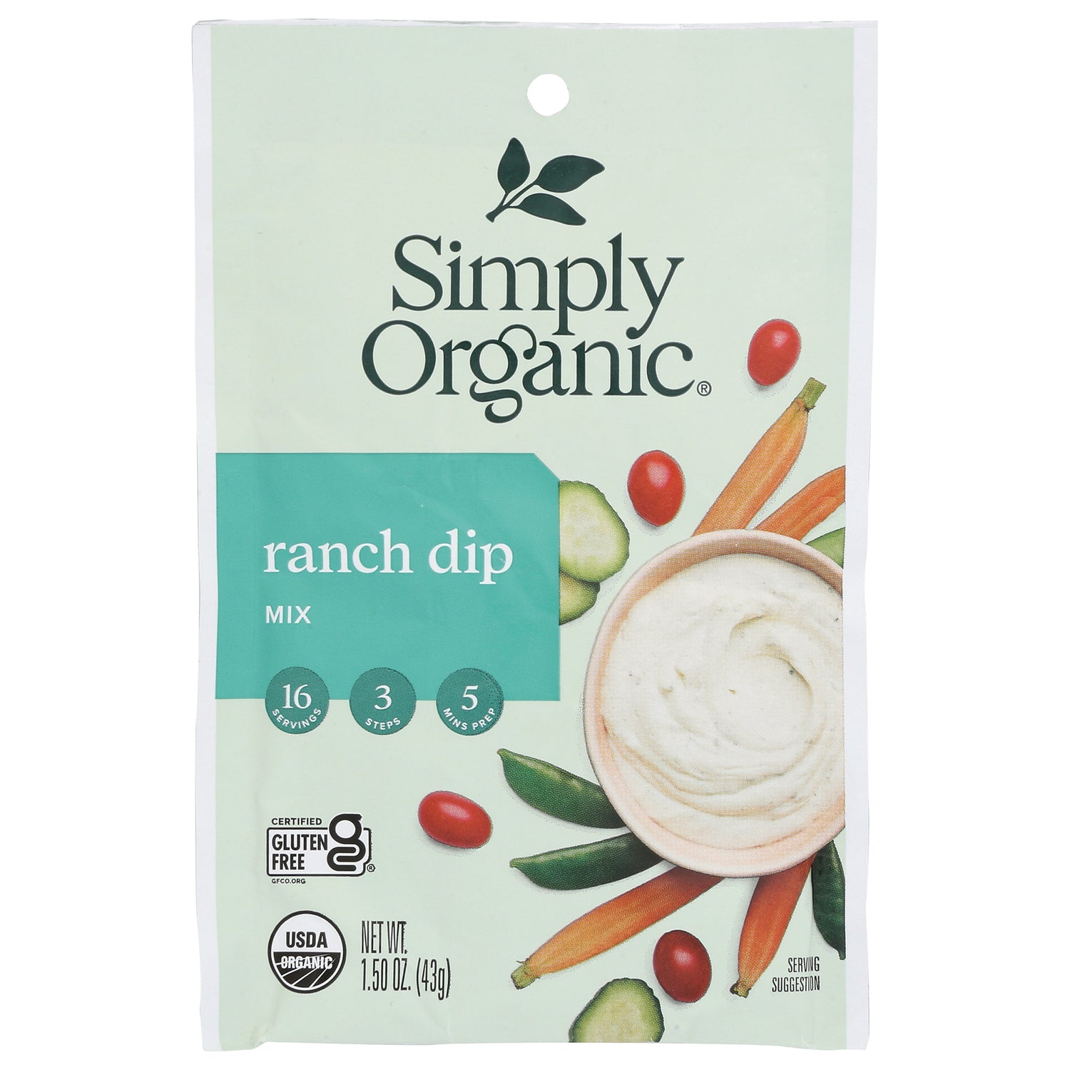 SMP043 | Simply Organic ranch dip mix packet showing bowl of ranch and assorted vegetables