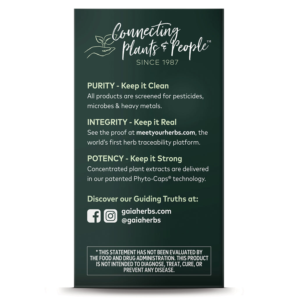 GH175 | product infographic listing Purity, Integrity, Potency, brand tagline Connecting Plants & People, gaiaherbs.com and disclaimer - Thumbnail