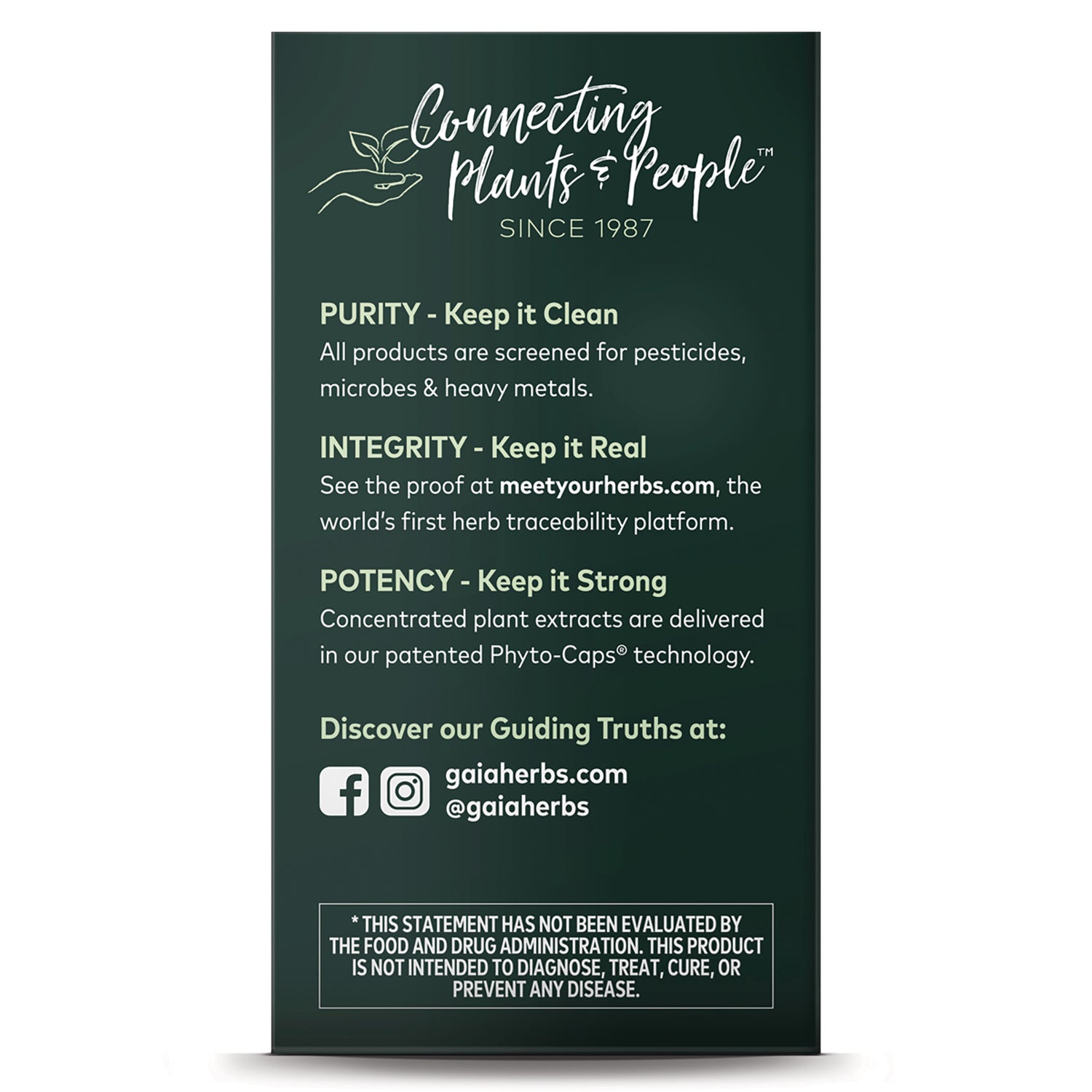 GH175 | product infographic listing Purity, Integrity, Potency, brand tagline Connecting Plants & People, gaiaherbs.com and disclaimer