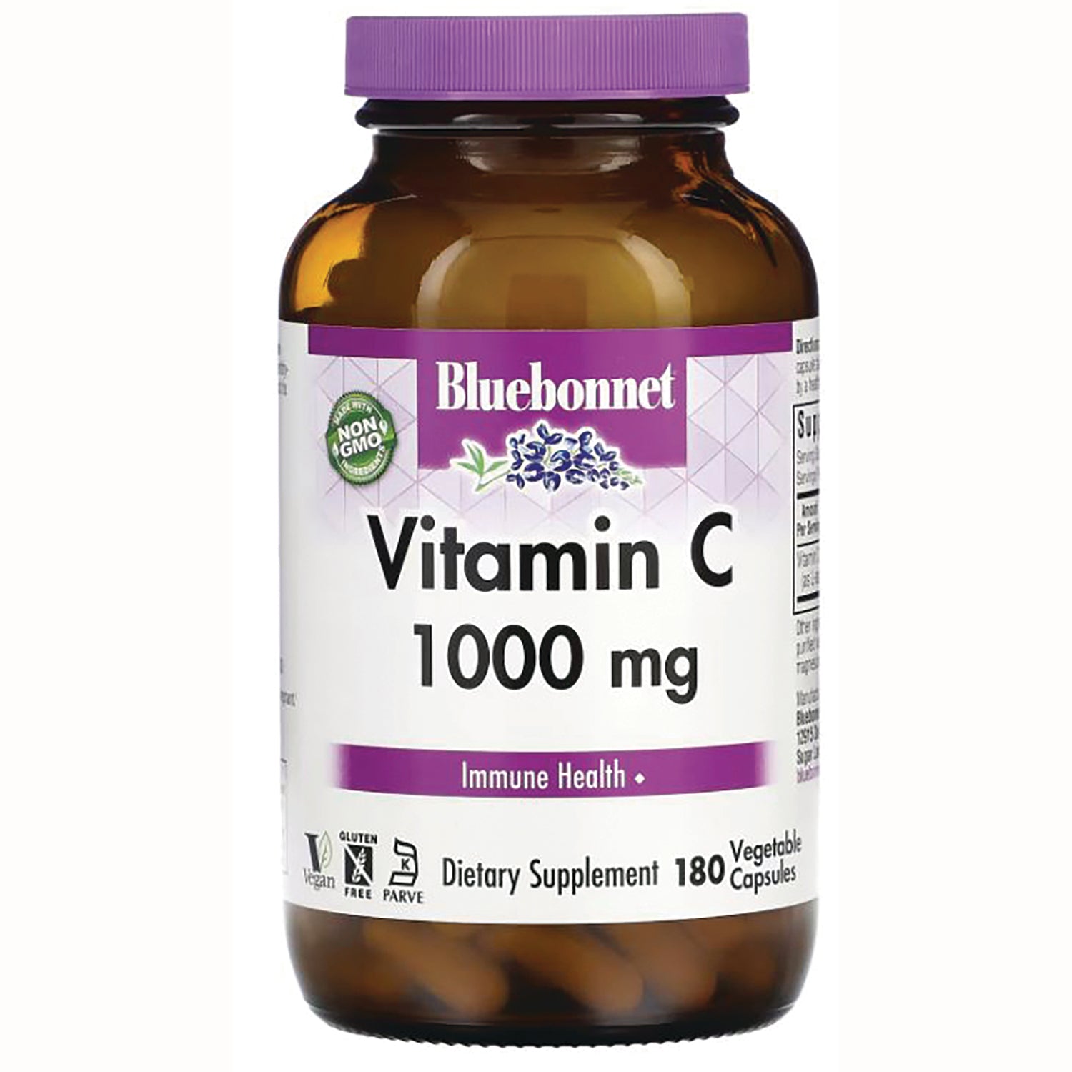 BLU124 | Bluebonnet Vitamin C 1000 mg front label on brown bottle with purple cap, 180 vegetable capsules