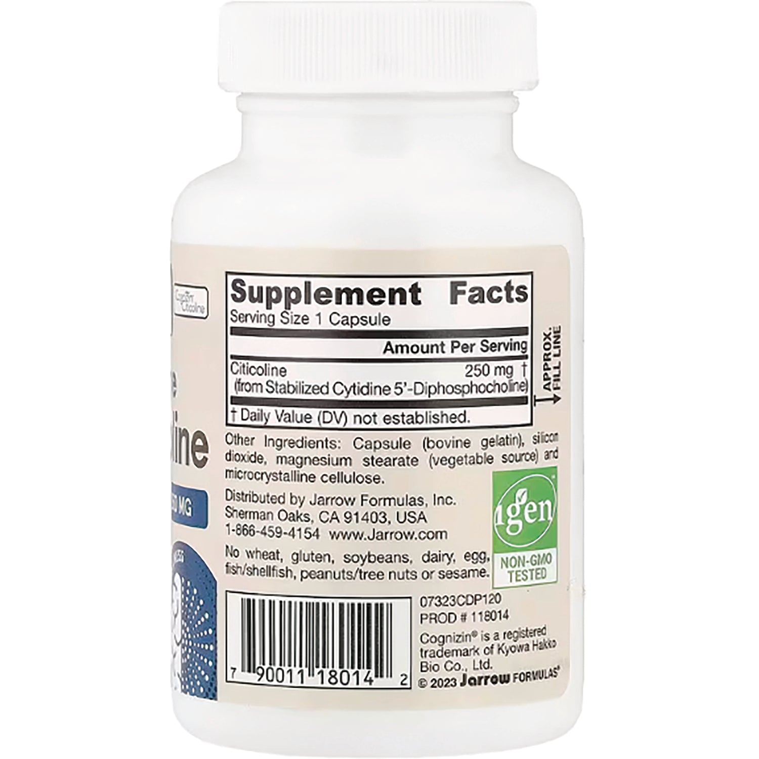 JR318 | back of white supplement bottle showing Supplement Facts panel, ingredients, barcode, and non-GMO seal