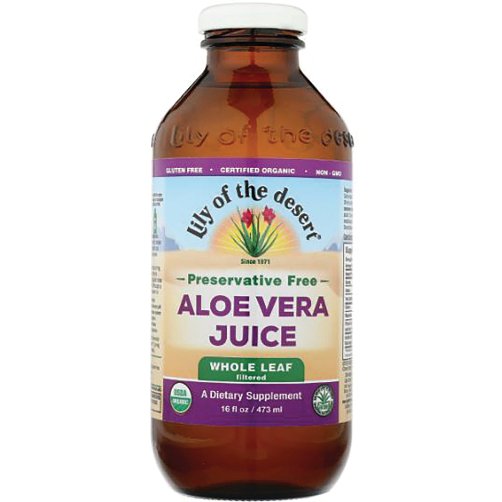 LIL034 | Lily of the Desert whole leaf aloe vera juice 16 fl oz brown glass bottle front label reading ALOE VERA JUICE Preservative Free - Thumbnail