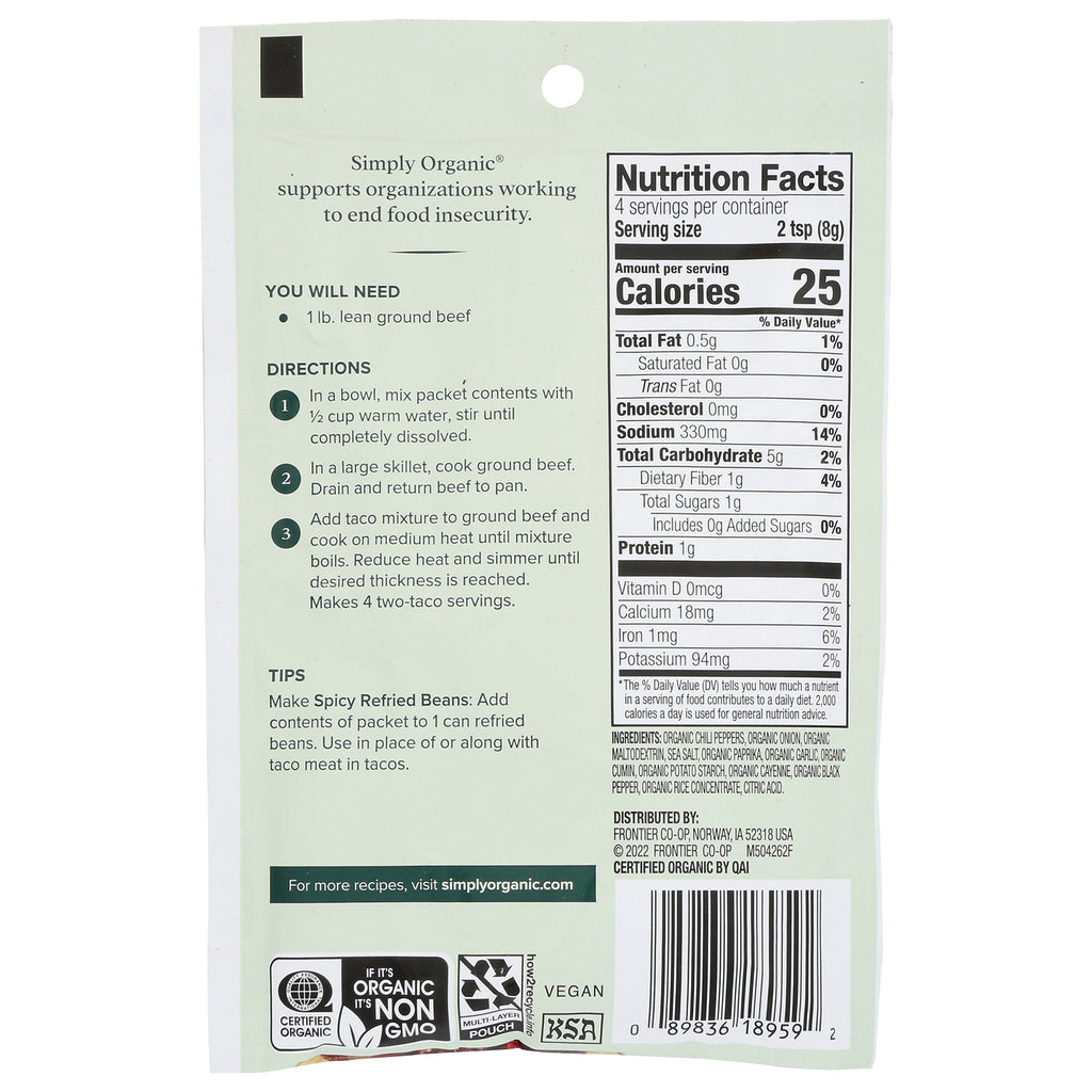 SMP044 | Back of Simply Organic packet with directions, tips, ingredients, and Nutrition Facts panel - Thumbnail