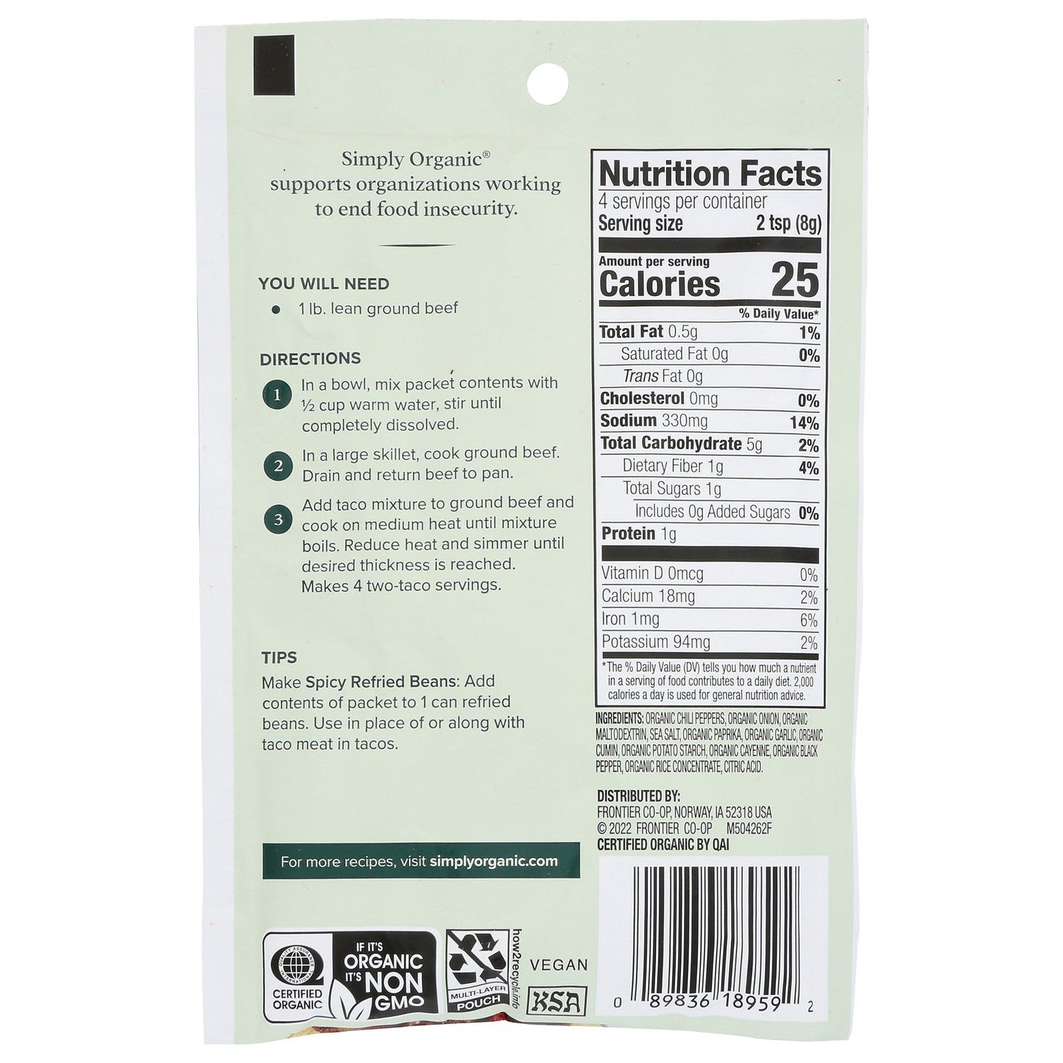 SMP044 | Back of Simply Organic packet with directions, tips, ingredients, and Nutrition Facts panel