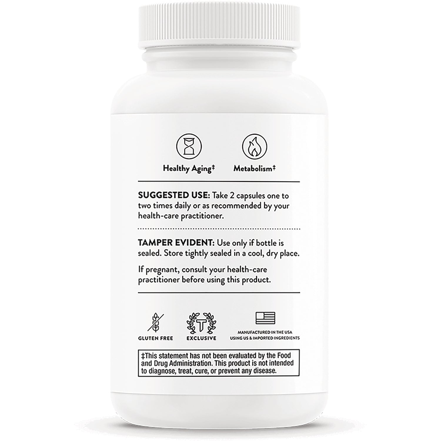 TRN022 | Back label with Healthy Aging and Metabolism icons; suggested use: take 2 capsules 1-2 times daily; gluten free