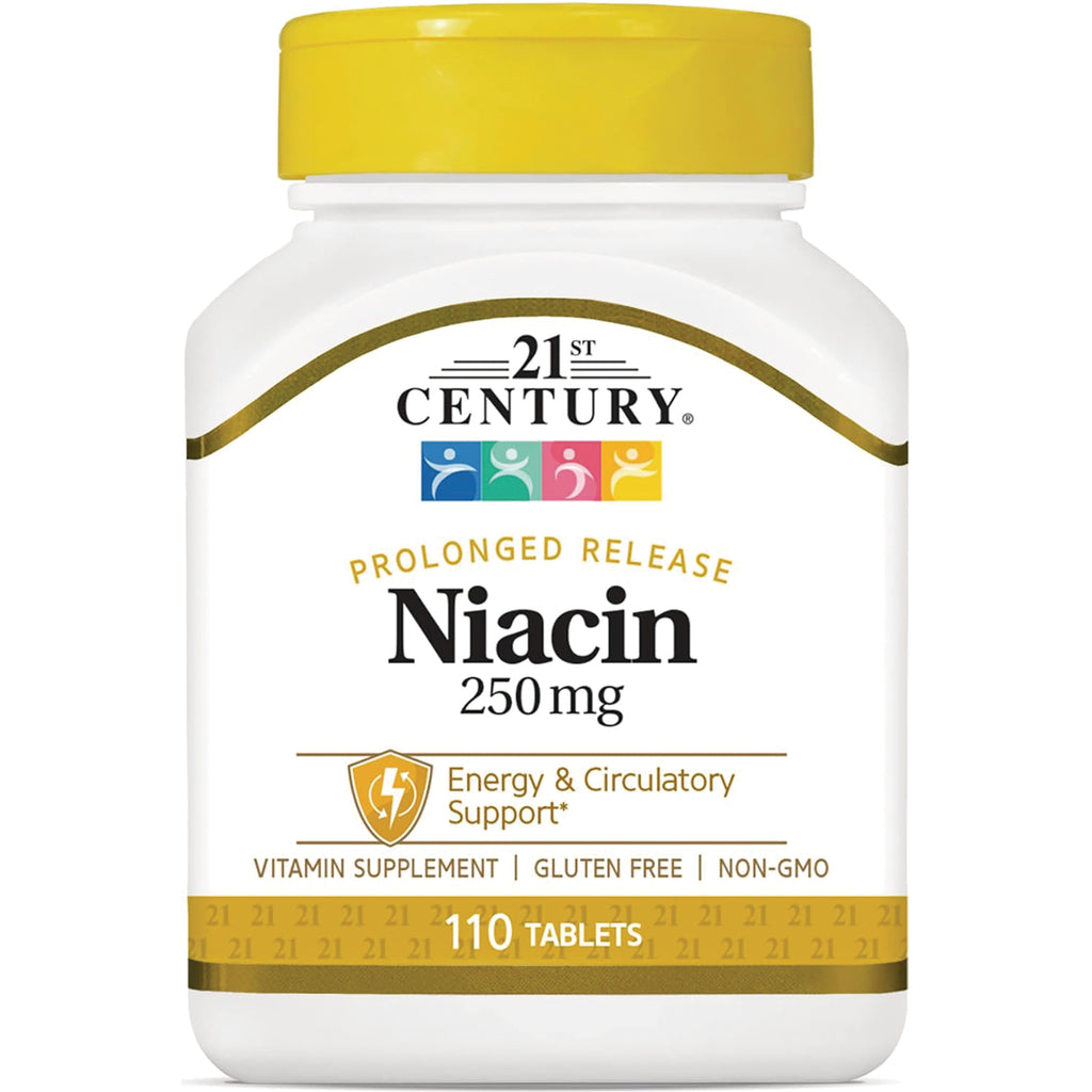 CNT108 | 21st Century Niacin 250 mg prolonged release white bottle with yellow cap, 110 tablets, Energy & Circulatory Support - Thumbnail