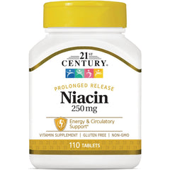 CNT108 | 21st Century Niacin 250 mg prolonged release white bottle with yellow cap, 110 tablets, Energy & Circulatory Support