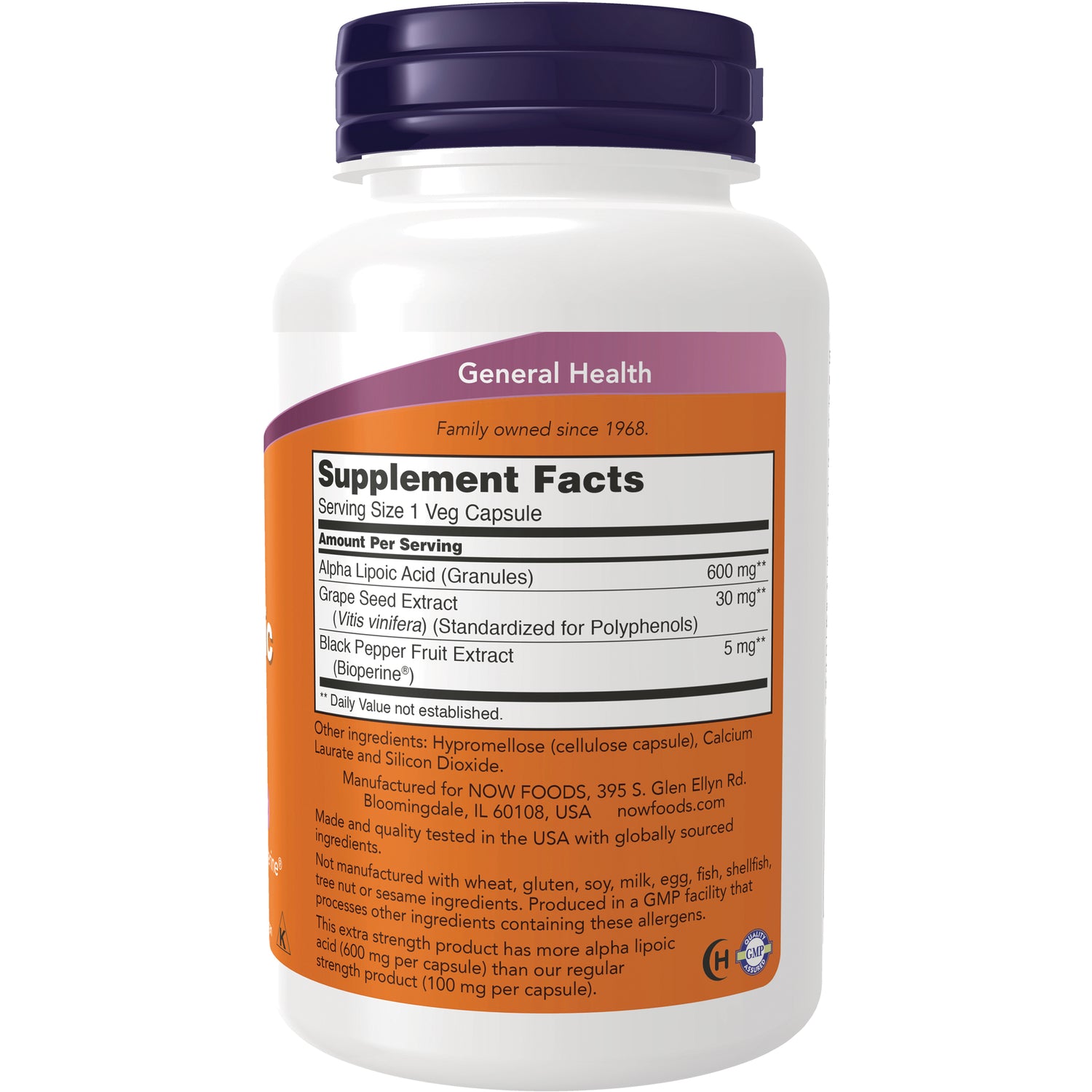 NWF655 | Back label showing Supplement Facts panel and ingredient list for alpha lipoic acid supplement