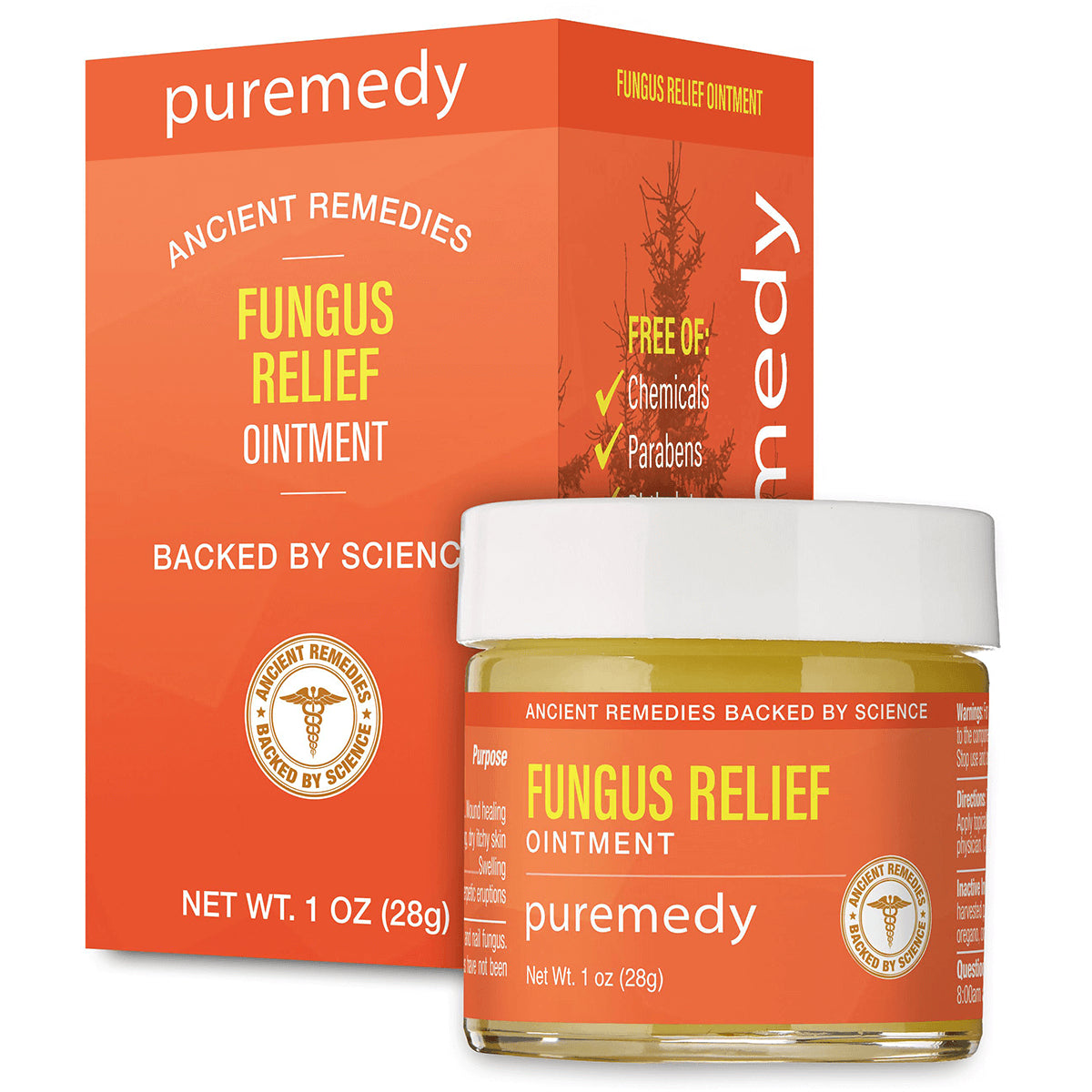 PRD007 | Puremedy Fungus Relief ointment jar and matching orange box, net wt 1 oz