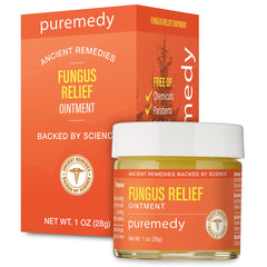 PRD007 | Puremedy Fungus Relief ointment jar and matching orange box, net wt 1 oz