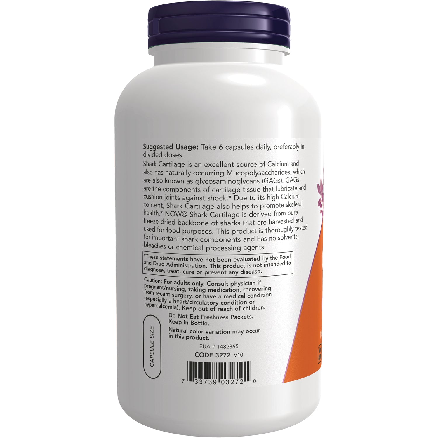 NWF421 | Back label of white supplement bottle showing suggested usage, cautions, and barcode