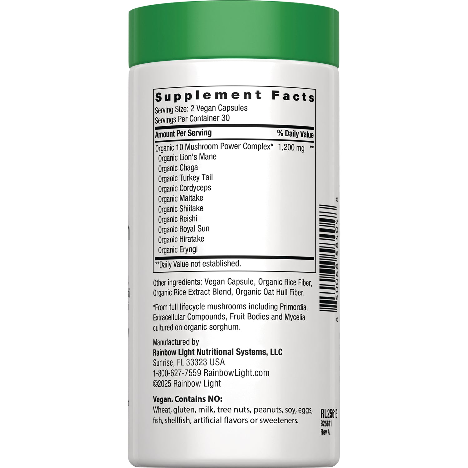 RBL177 | back label showing Supplement Facts, ingredient list, manufacturer info and barcode on white bottle