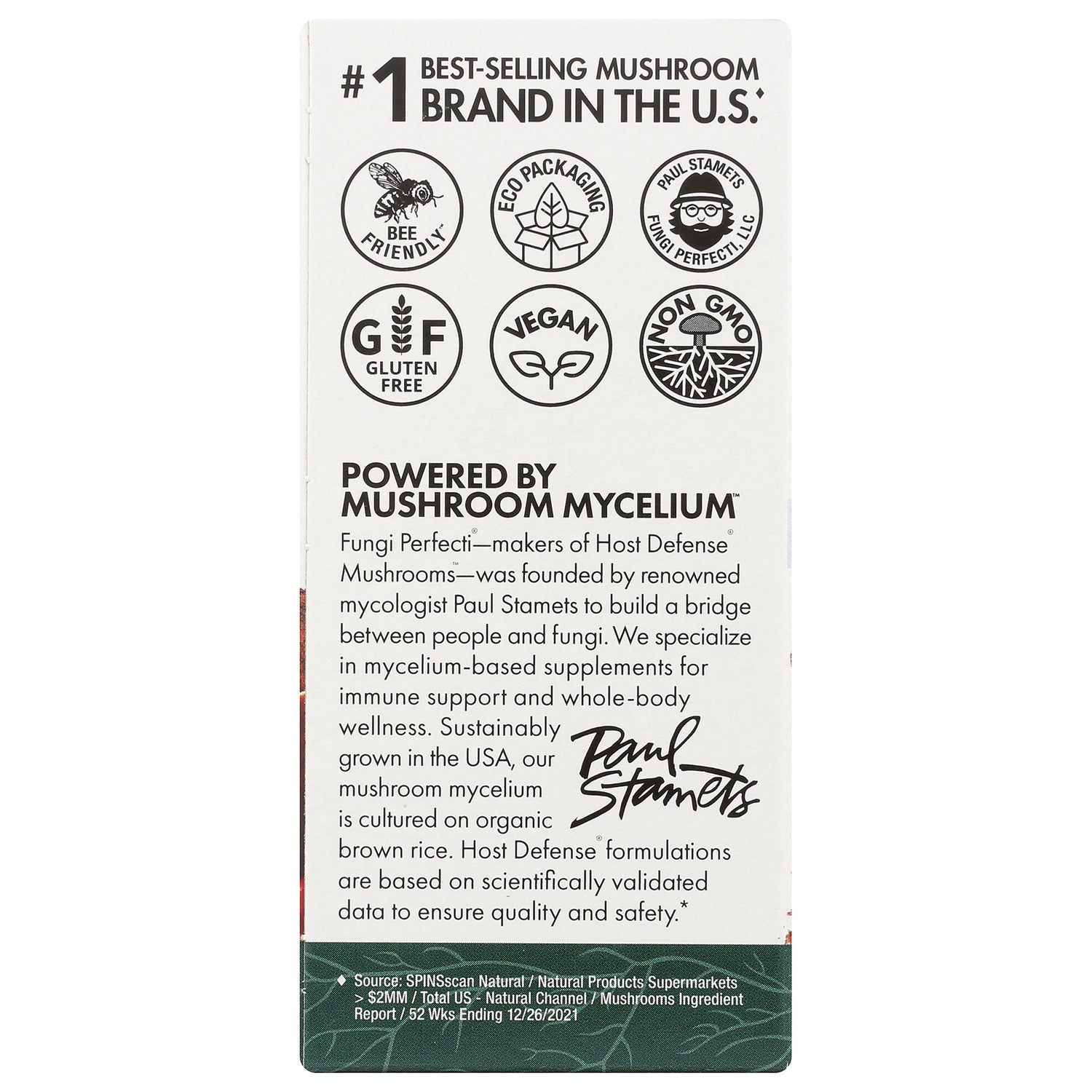 FUN014 | back panel showing mushroom mycelium description and icons for vegan, gluten free, non GMO, bee friendly