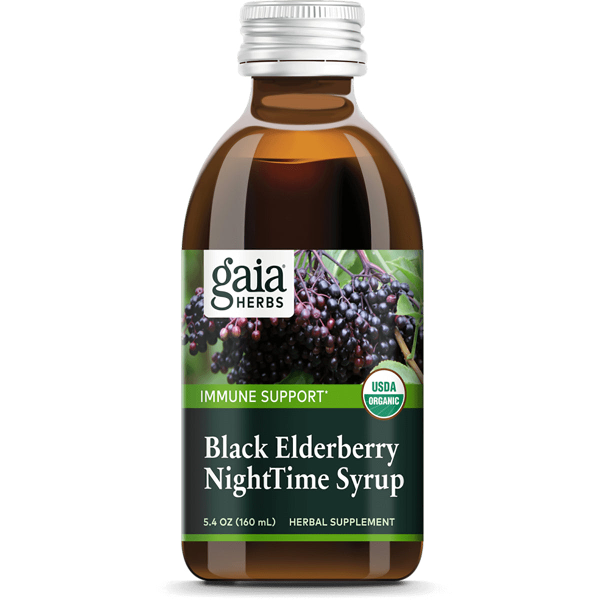 GH035 | Gaia Herbs Black Elderberry NightTime Syrup 5.4 oz bottle front with USDA Organic label
