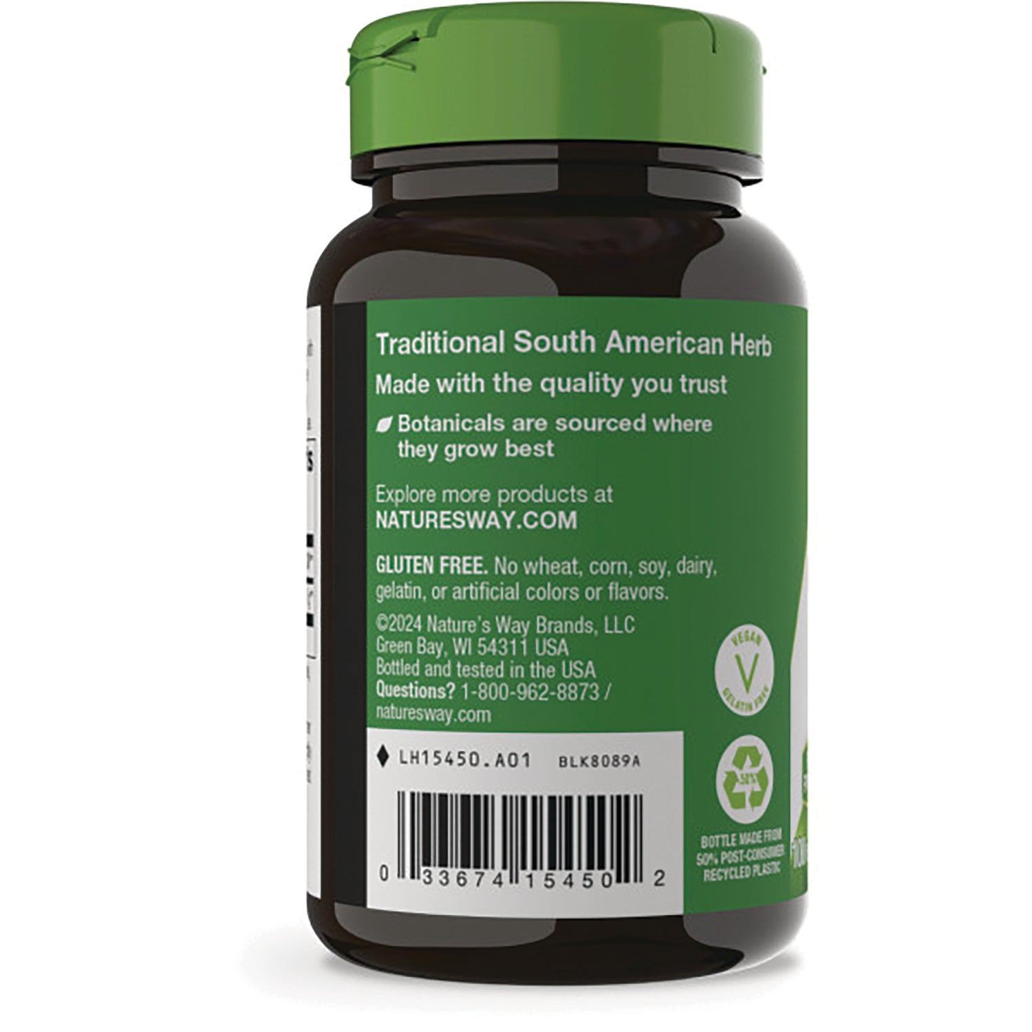 NW159 | Back of brown supplement bottle with green label reading Traditional South American Herb, gluten free statement, and barcode