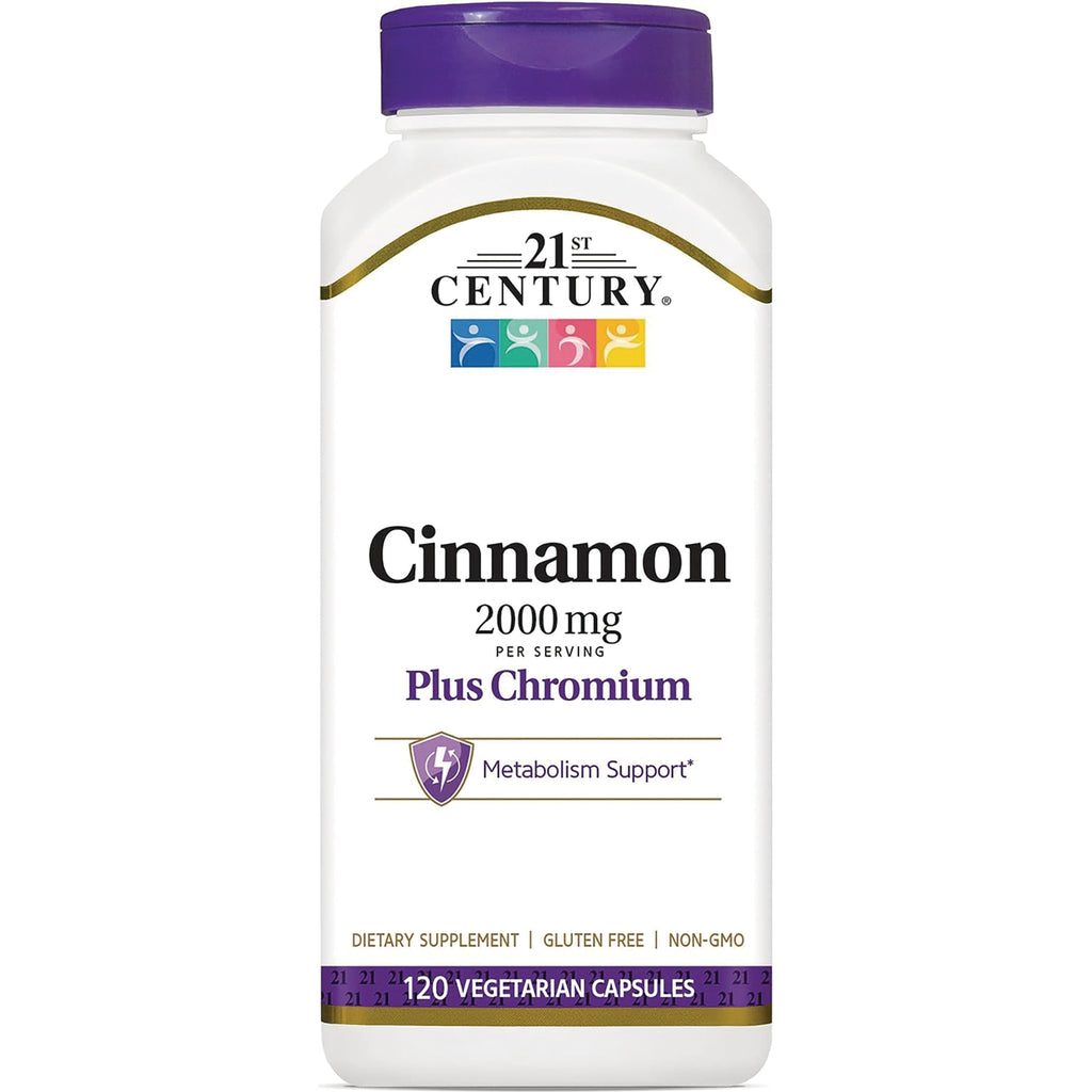 CNT242 | 21st Century Cinnamon 2000 mg plus Chromium white supplement bottle, 120 vegetarian capsules - Thumbnail