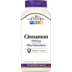 CNT242 | 21st Century Cinnamon 2000 mg plus Chromium white supplement bottle, 120 vegetarian capsules