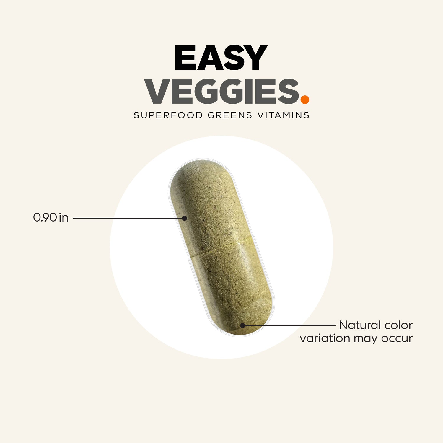 CDG012 | Easy Veggies superfood greens vitamin capsule infographic with size and color variation notes