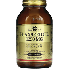 SLG279 | Solgar Flaxseed Oil 1250 MG amber bottle with gold label, 100 softgels dietary supplement