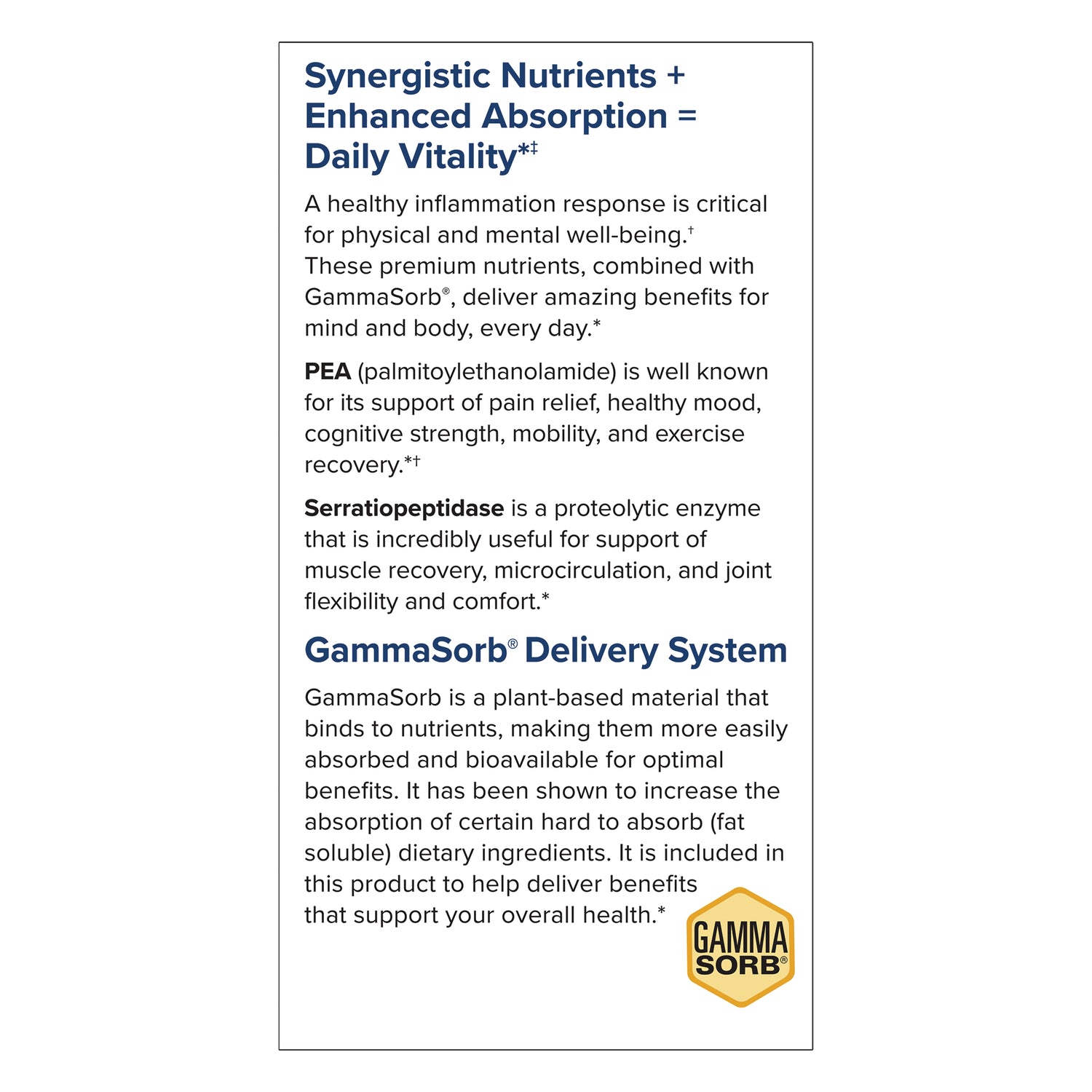 EUR075 | Infographic on synergistic nutrients, enhanced absorption, and GammaSorb delivery system for daily vitality