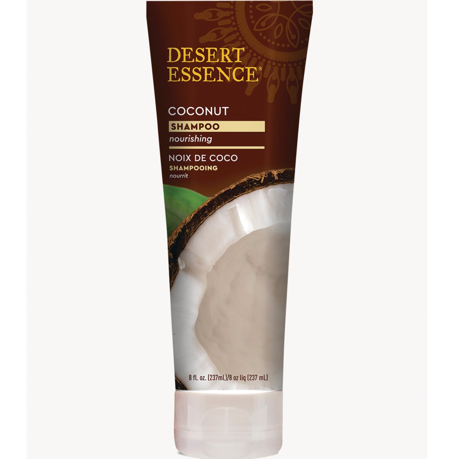 DST047 | Desert Essence coconut shampoo tube front showing brand name, coconut image and 8 fl oz (237 mL) size