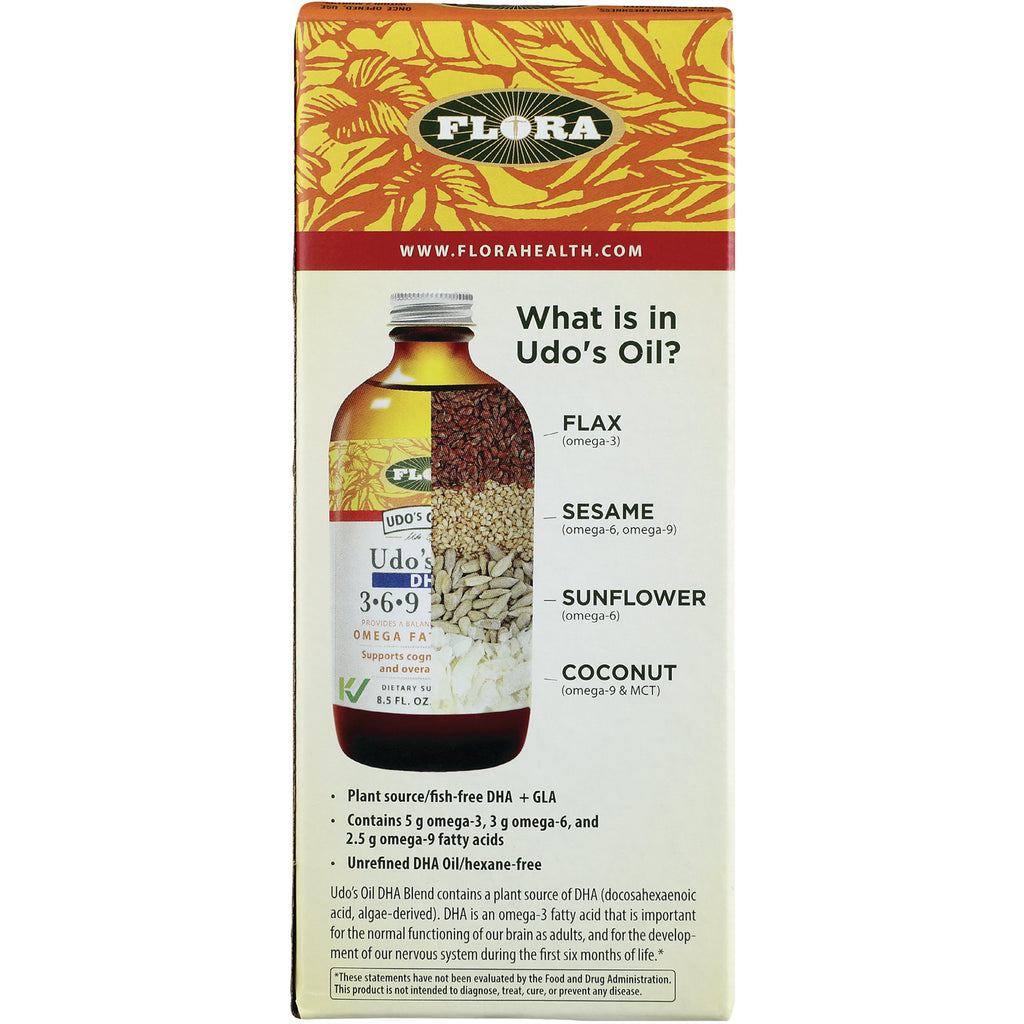 FL040 | Product infographic showing Udo's Oil bottle with ingredients: flax, sesame, sunflower, coconut and product benefits - Thumbnail