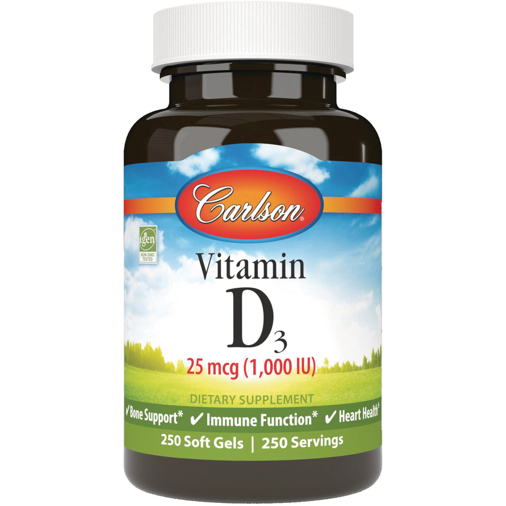CSN187 | Carlson Vitamin D3 25 mcg (1,000 IU) soft gels bottle front label showing 250 soft gels - Thumbnail