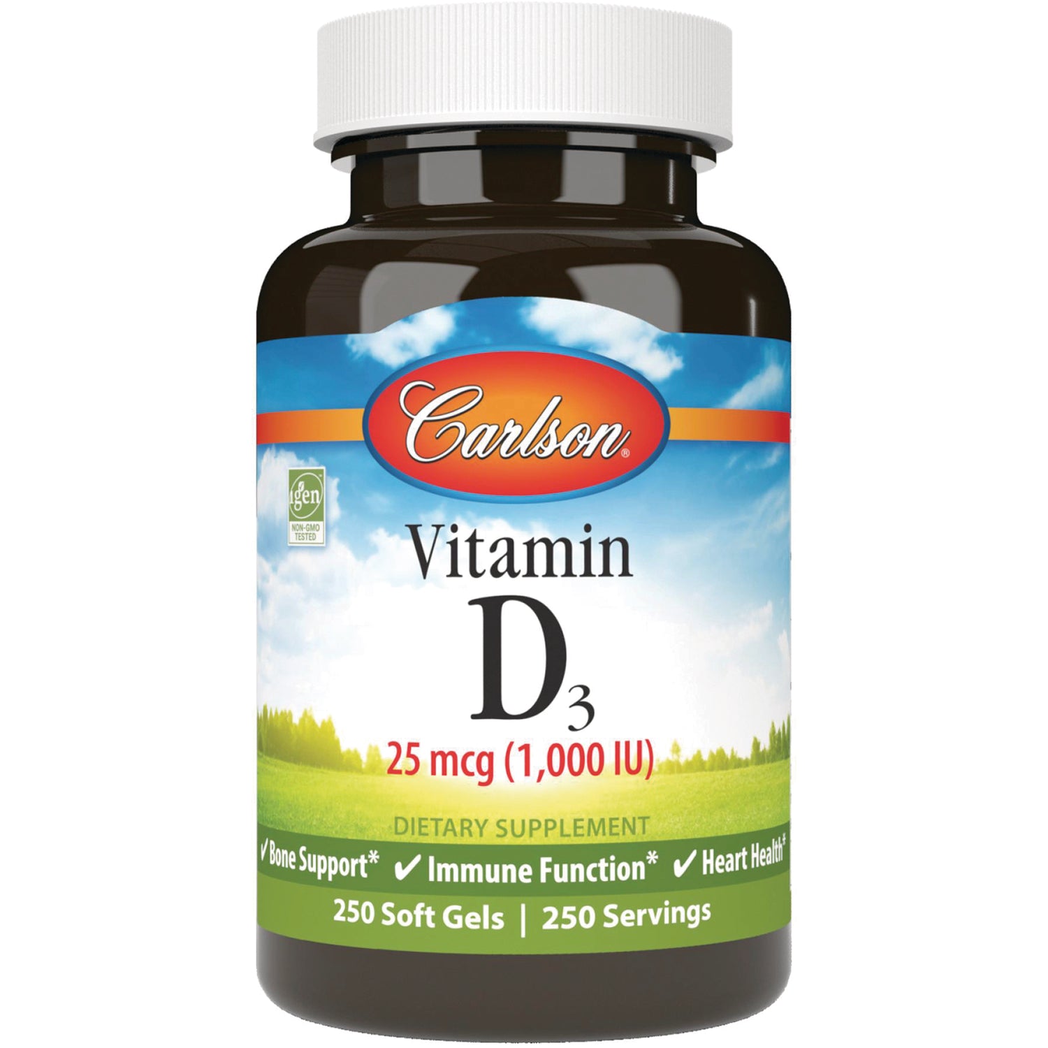 CSN187 | Carlson Vitamin D3 25 mcg (1,000 IU) soft gels bottle front label showing 250 soft gels
