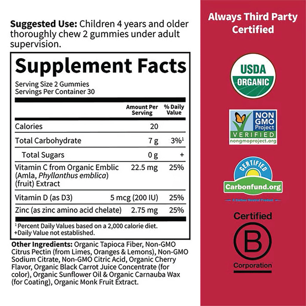 Supplement Facts panel showing serving size, vitamins C and D, zinc, ingredient list and certification logos USDA Organic, Non-GMO, Carbonfund, B Corp - Thumbnail