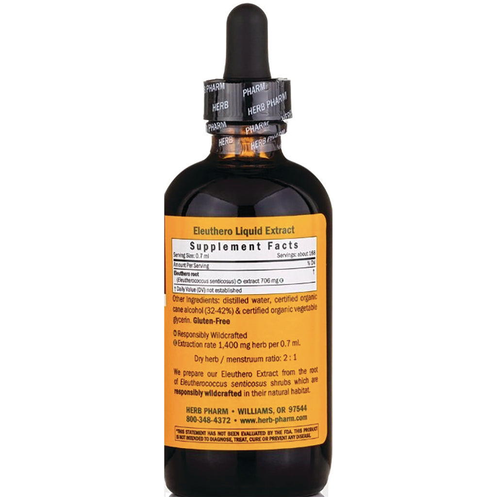 HPH114 | Back of amber dropper bottle showing Eleuthero Liquid Extract supplement facts and ingredients label - Thumbnail