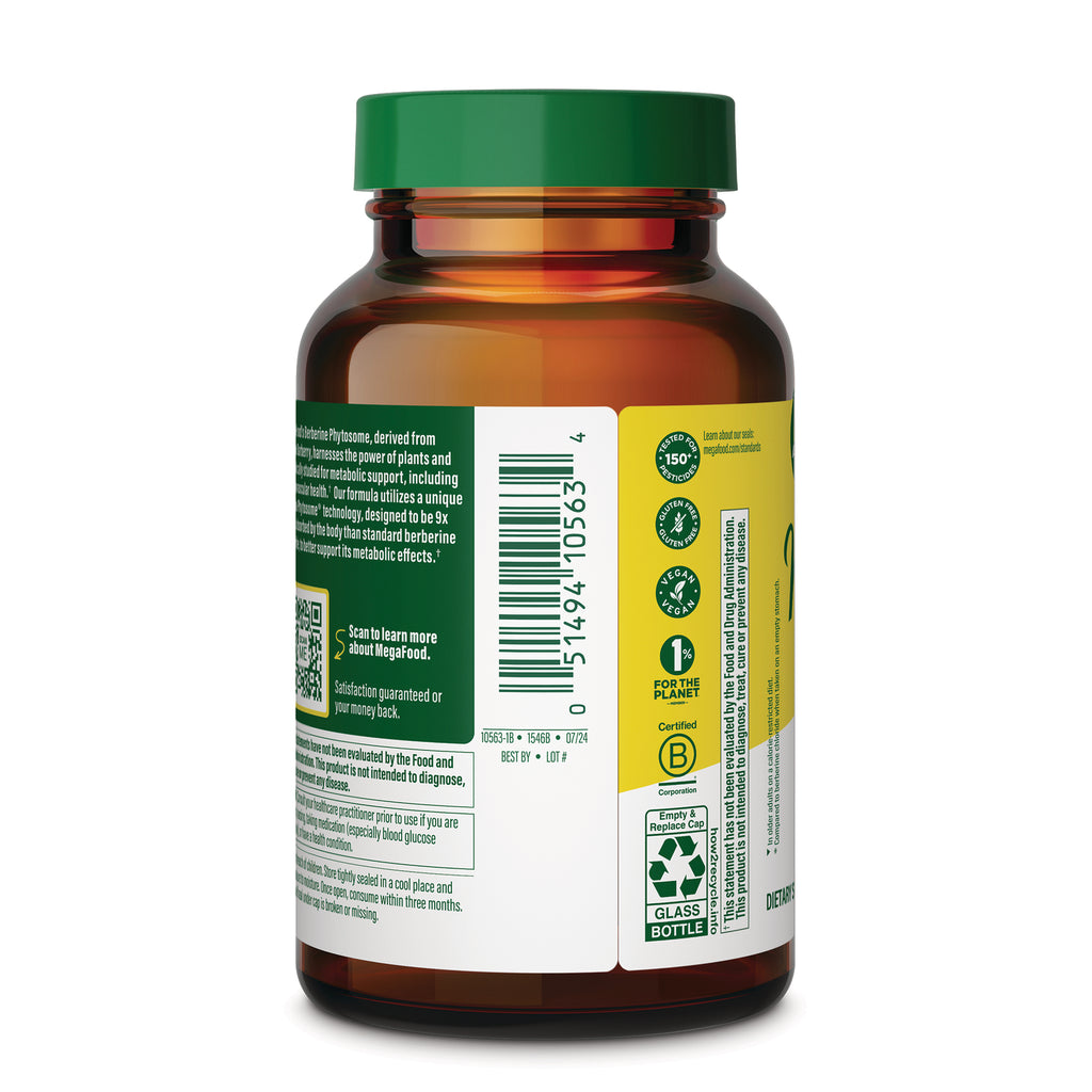 MGF151 | Back of amber supplement bottle showing barcode, ingredient panel, certification badges, and recycling icons - Thumbnail