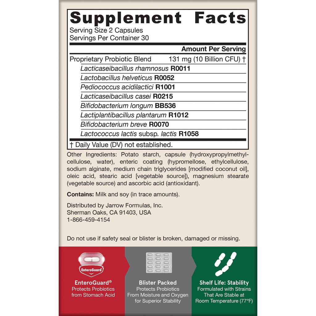 Supplement facts and ingredient panel listing probiotic strains, other ingredients, distributor contact and warnings - Thumbnail