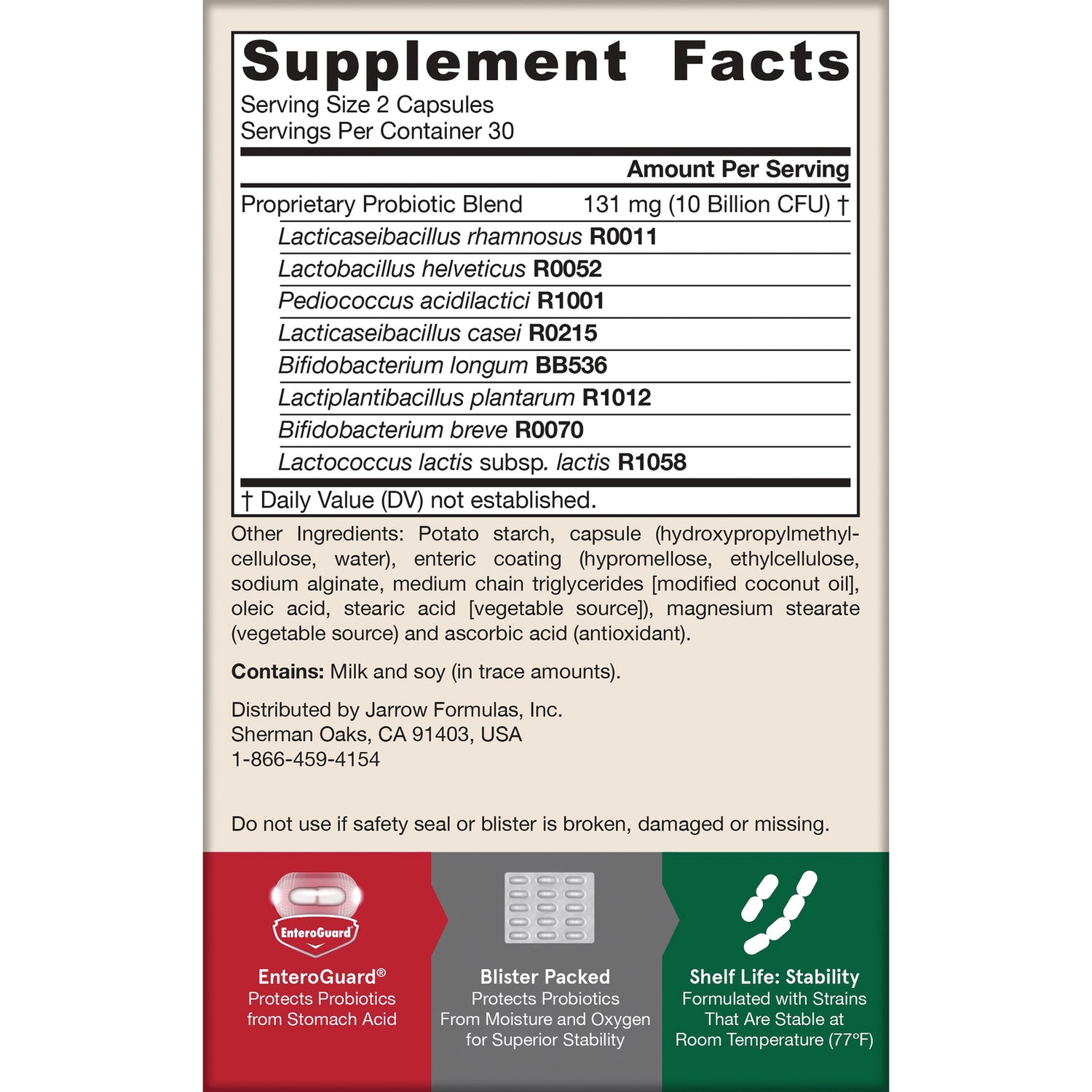 Supplement facts and ingredient panel listing probiotic strains, other ingredients, distributor contact and warnings